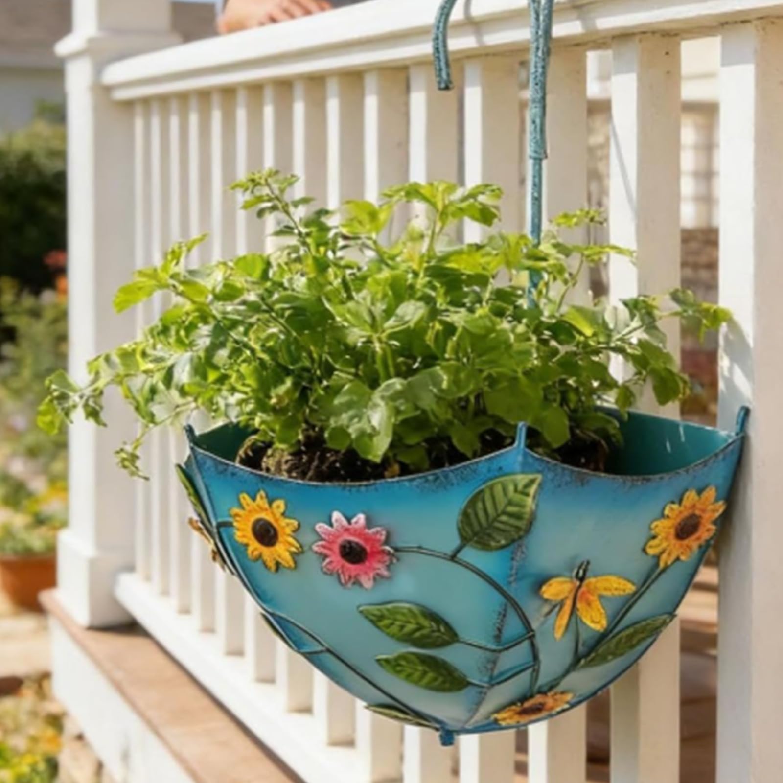 HTU Metal Umbrella Hanging Planter, Metal Plant Umbrellas Pots with Drainage Holes, No-Drill Farmhouse Umbrella Shaped Wall Hanging Planter for Flowers Indoors Outdoors Home Windows Use-Blue