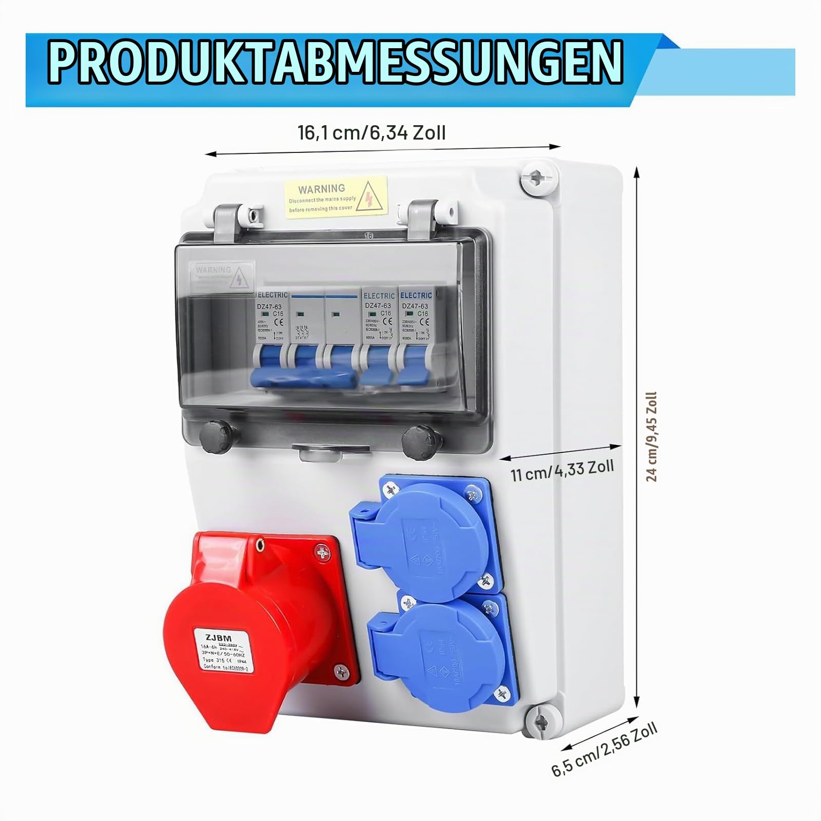 Verteilerkasten Baustromverteiler Wandverteiler mit Leitungsschutzschalter 2x Schuko & CEE 16A Steckdosen, Wasserdicht Stromverteiler komplett verdrahtet für Innen/Außen, Holzwand/Zementwand