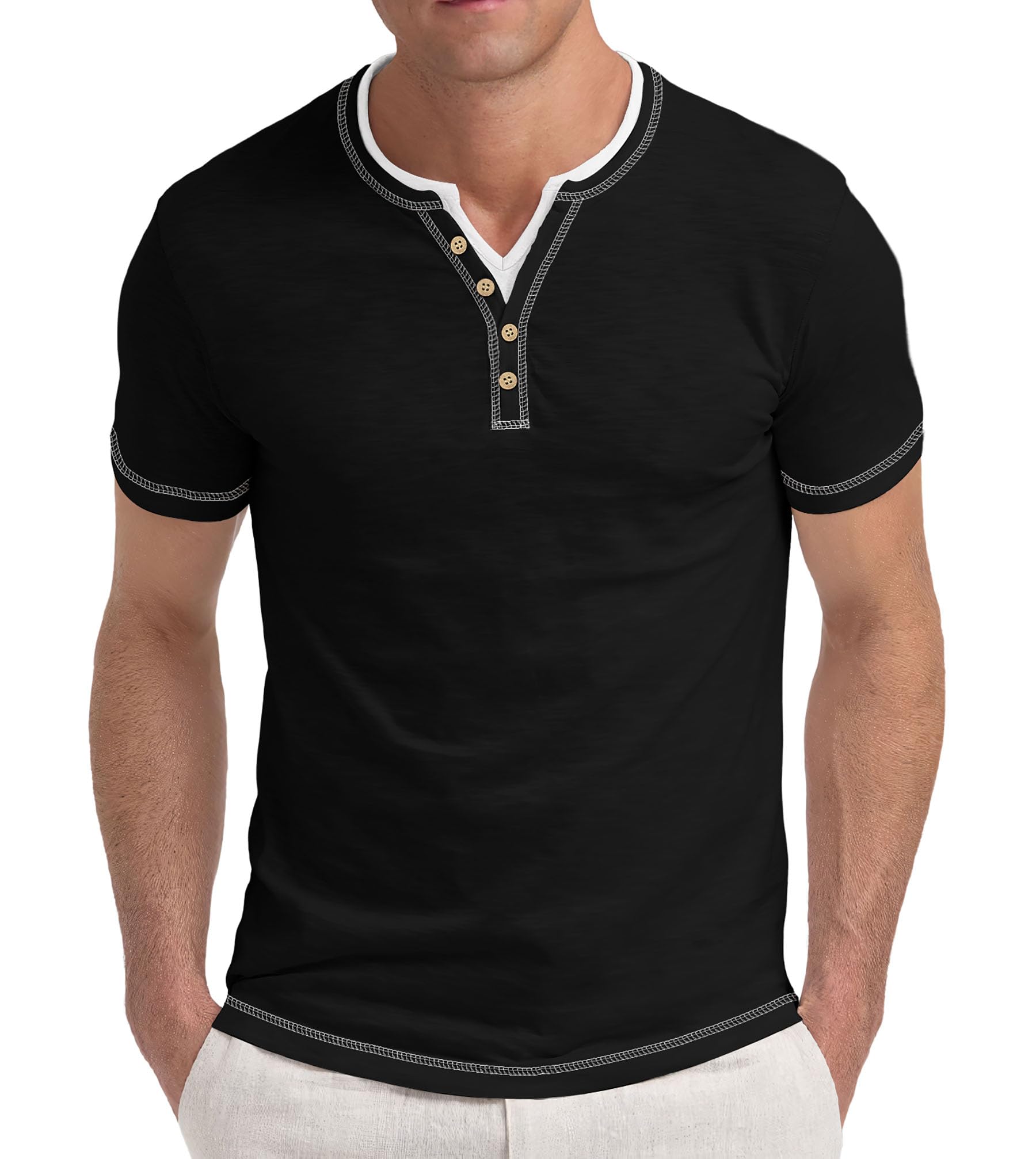 Aimeilgot Mens Henley Shirts Short Sleeve Casual T-Shirts Washed Slim Fit Front Placket Soft Button Tees
