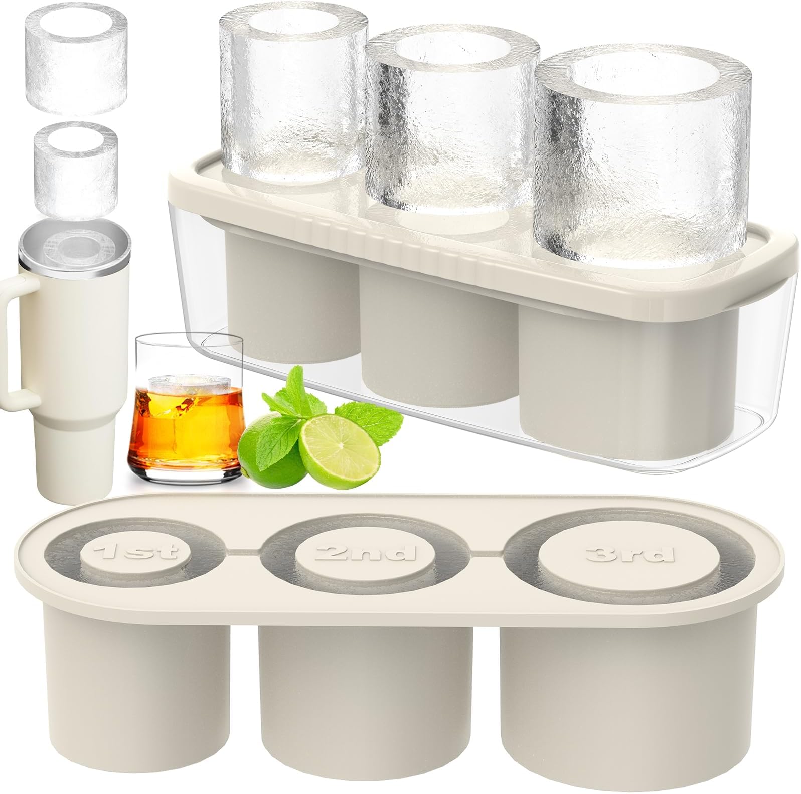 Ice Cube Tray for 30Oz-40Oz Tumbler, 3 Pcs Silicone Hollow Cylinder Ice Mold with Lid and Bin for Freezer, Ice Drink, Juice, Whiskey, Cocktail (White, 40 Oz)