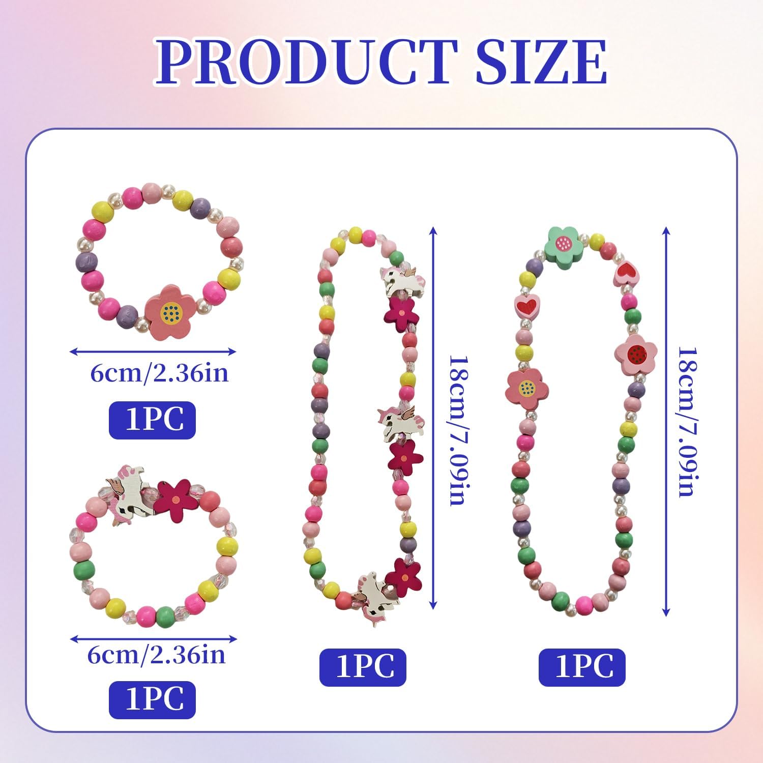 Juego de 4 joyas de madera para niños, collar de dibujos animados para niñas, pulsera de perlas de flores, collar y pulsera de unicornio, regalo para niñas, fiesta de cumpleaños, accesorios de disfraz