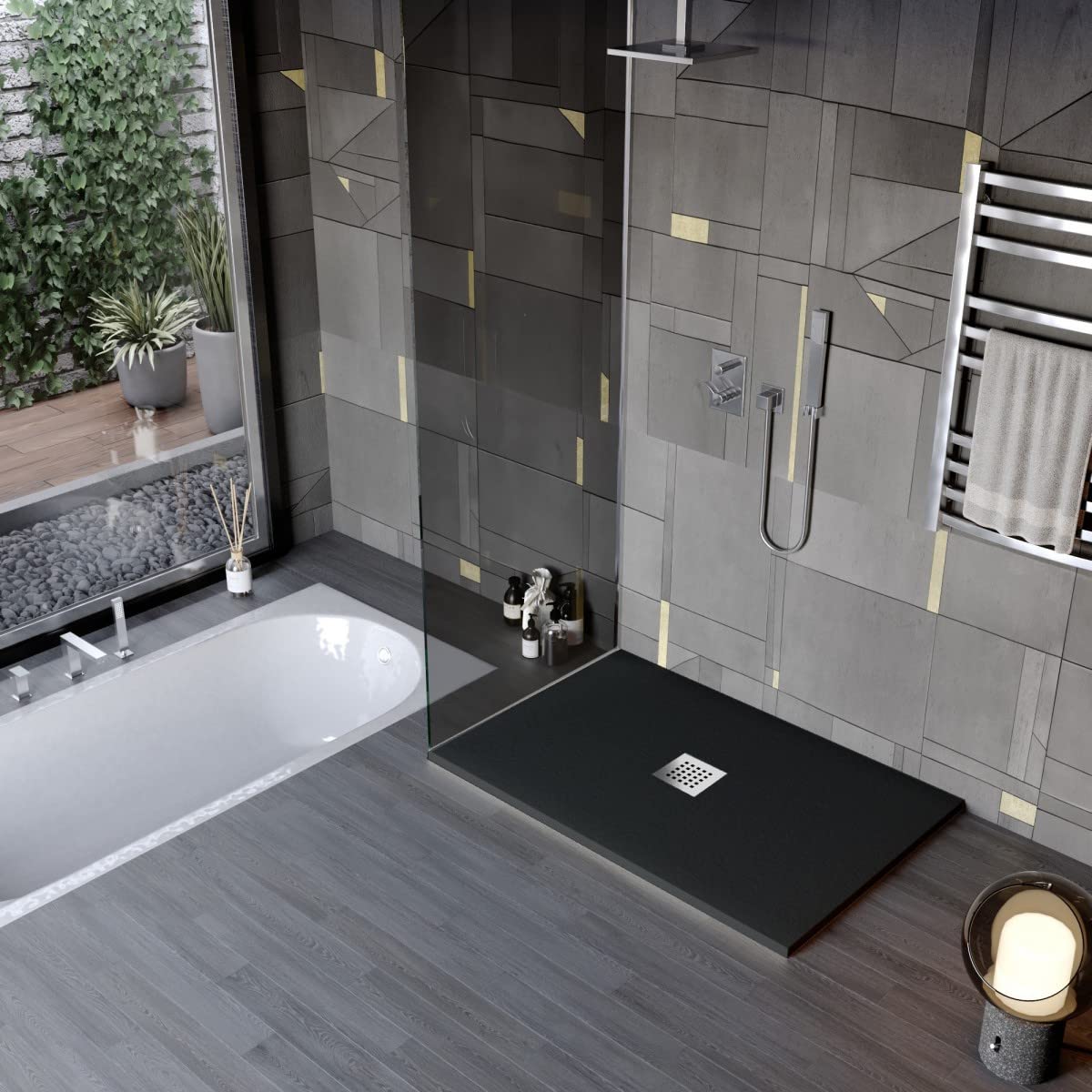 Luminosa ArredoBagno Plato de ducha resina 80 x 120 cm - Modelo Florence - Efecto piedra antideslizante con gelcoat Made in Italy - desagüe incluido - Color negro