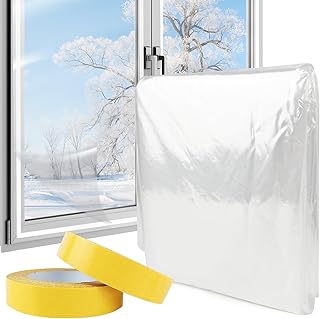 Kit d’isolation pour fenêtres 1,6 m x 10 m, film isolant clair pour fenêtres arrêtant la condensation froide, film thermique POF pour fenêtres avec double face adhésive, kit de double vitrage pour
