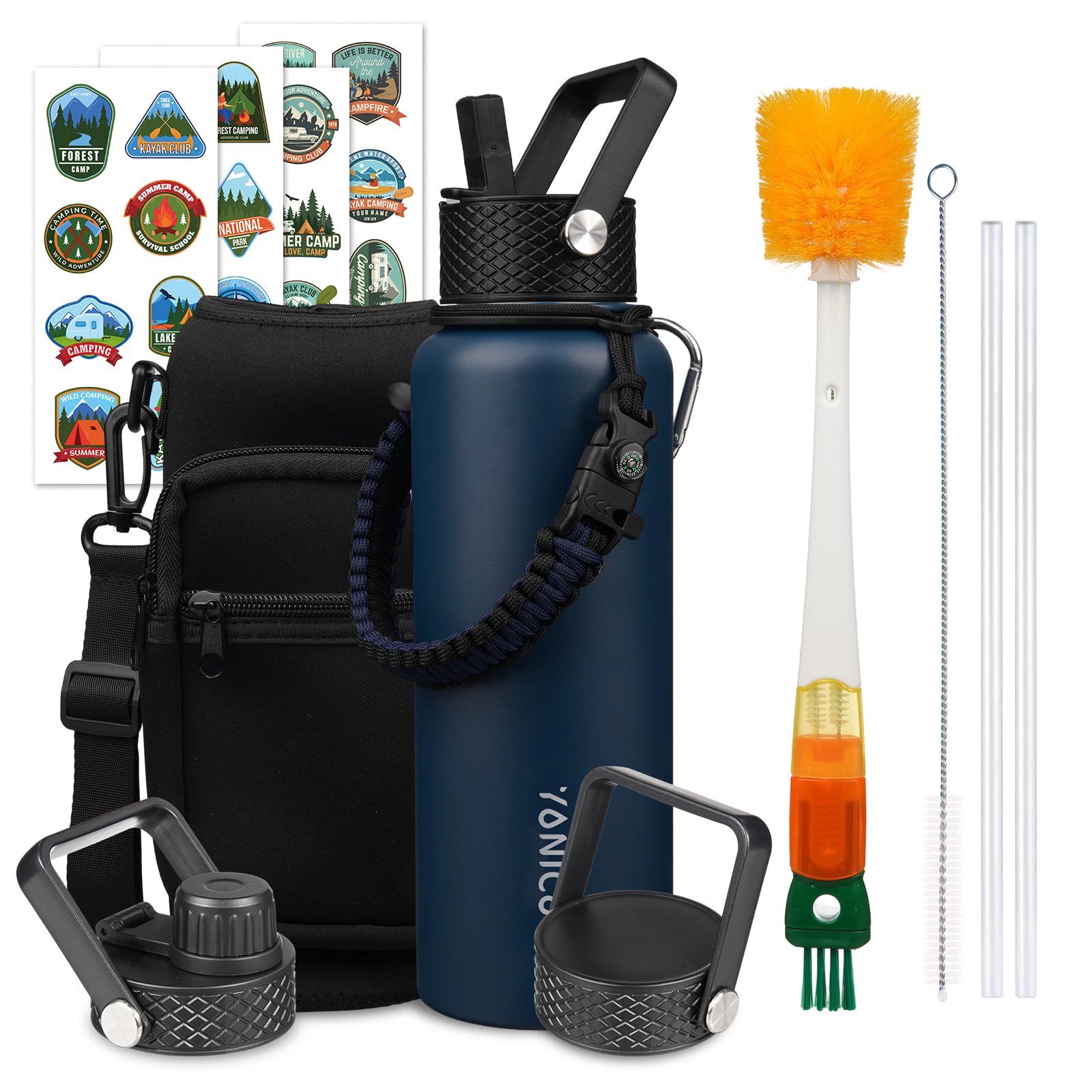 Insulated Water Bottle 40oz,Triple Wall Vacuum Stainless Steel(Dishwasher Safe),Leak Proof & Non-BPA,Flask Jug with Paracord Handle & Straw Spout Lids Sports Navy Blue