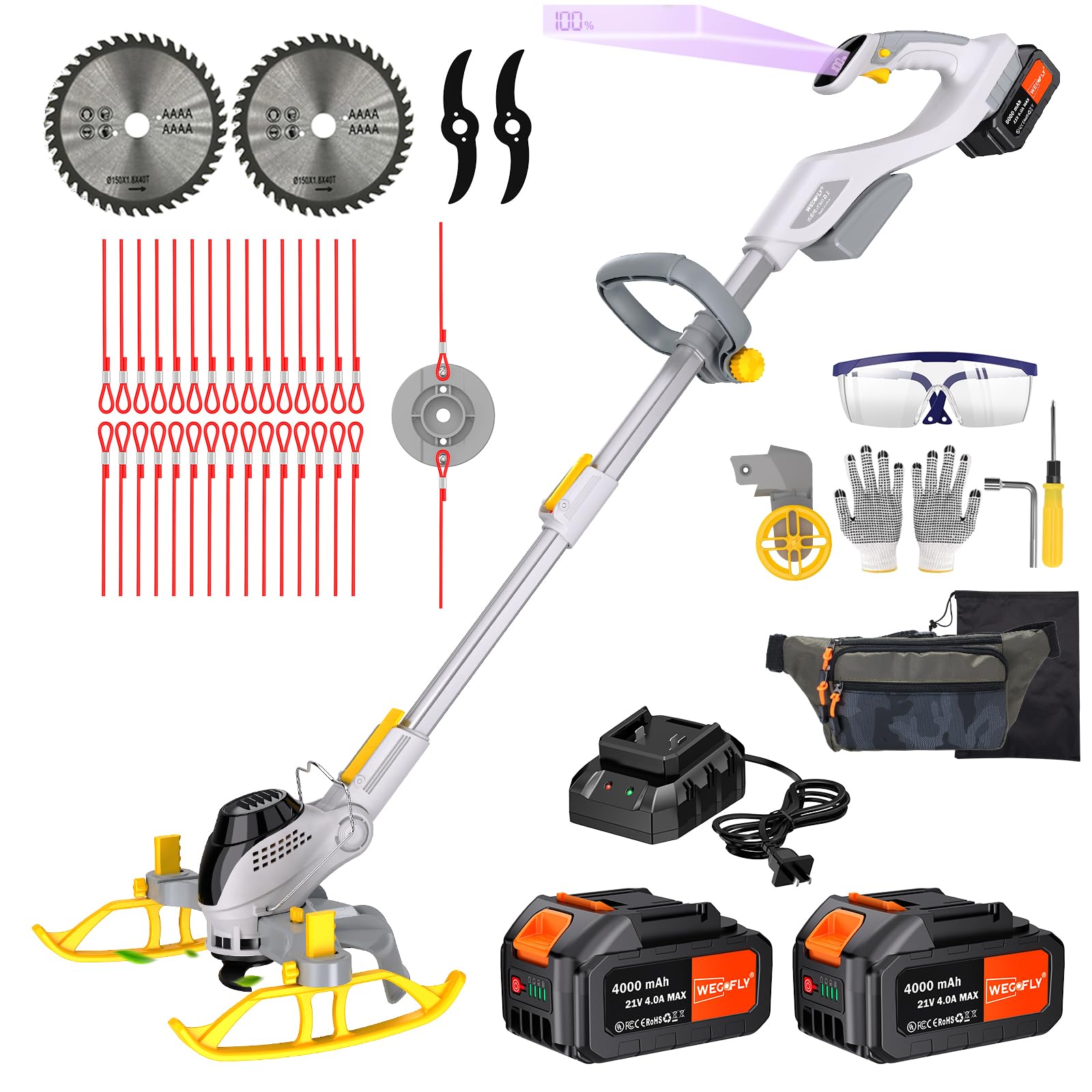 12-Inch Cordless String Trimmer & Edger, (2 x 21V 4.0Ah Electric Brush Cutter Battery Powered), with Auxiliary Bracket, Side Ball, 90° Rotary Head, Telescopic Handle, 3 Cutting Methods
