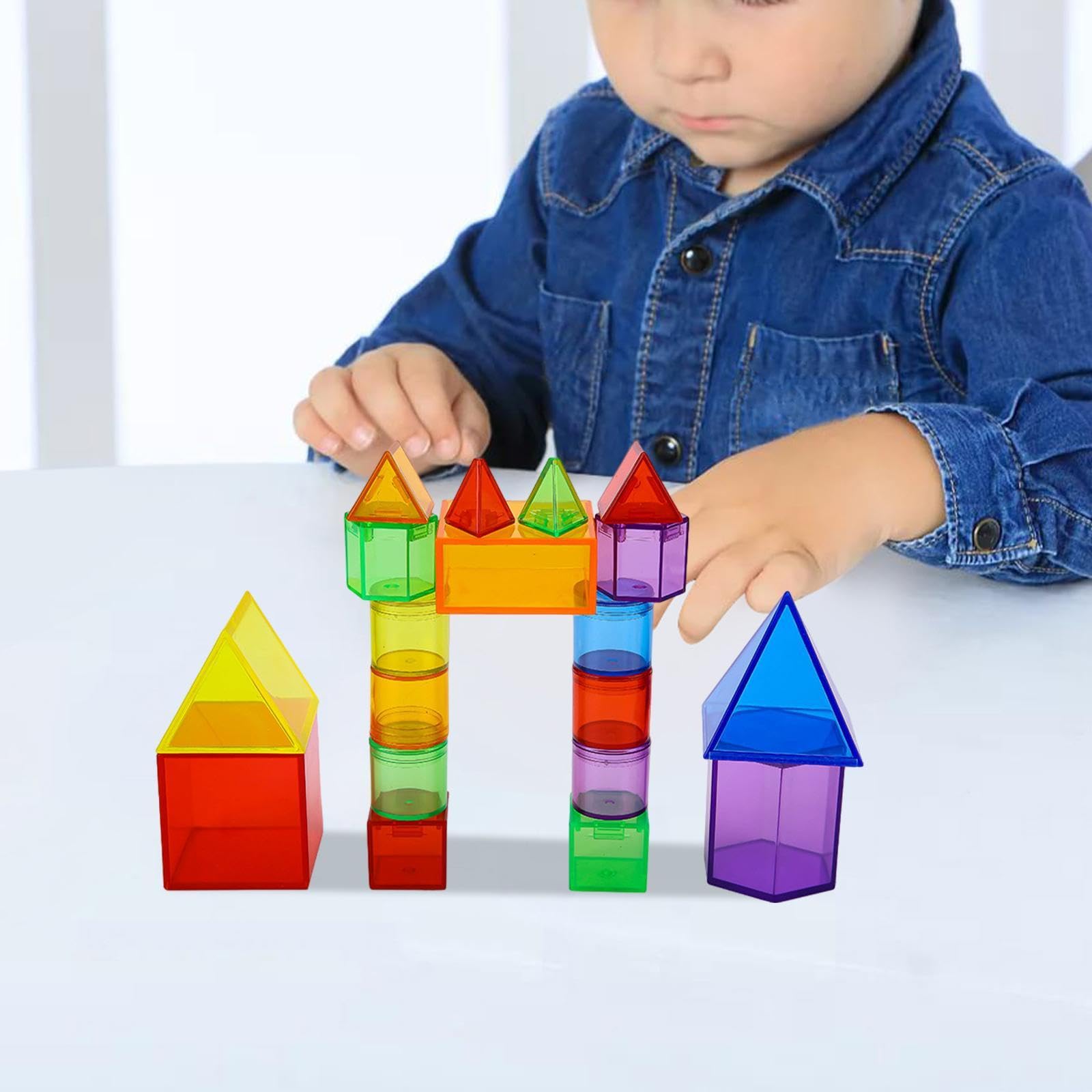F Fityle 60 Figuras 3D, Bloques Transparentes, Juego Sensorial Colorido, Sólidos Geométricos, Educación sobre Formas Geométricas, para Niños Y Niñas.