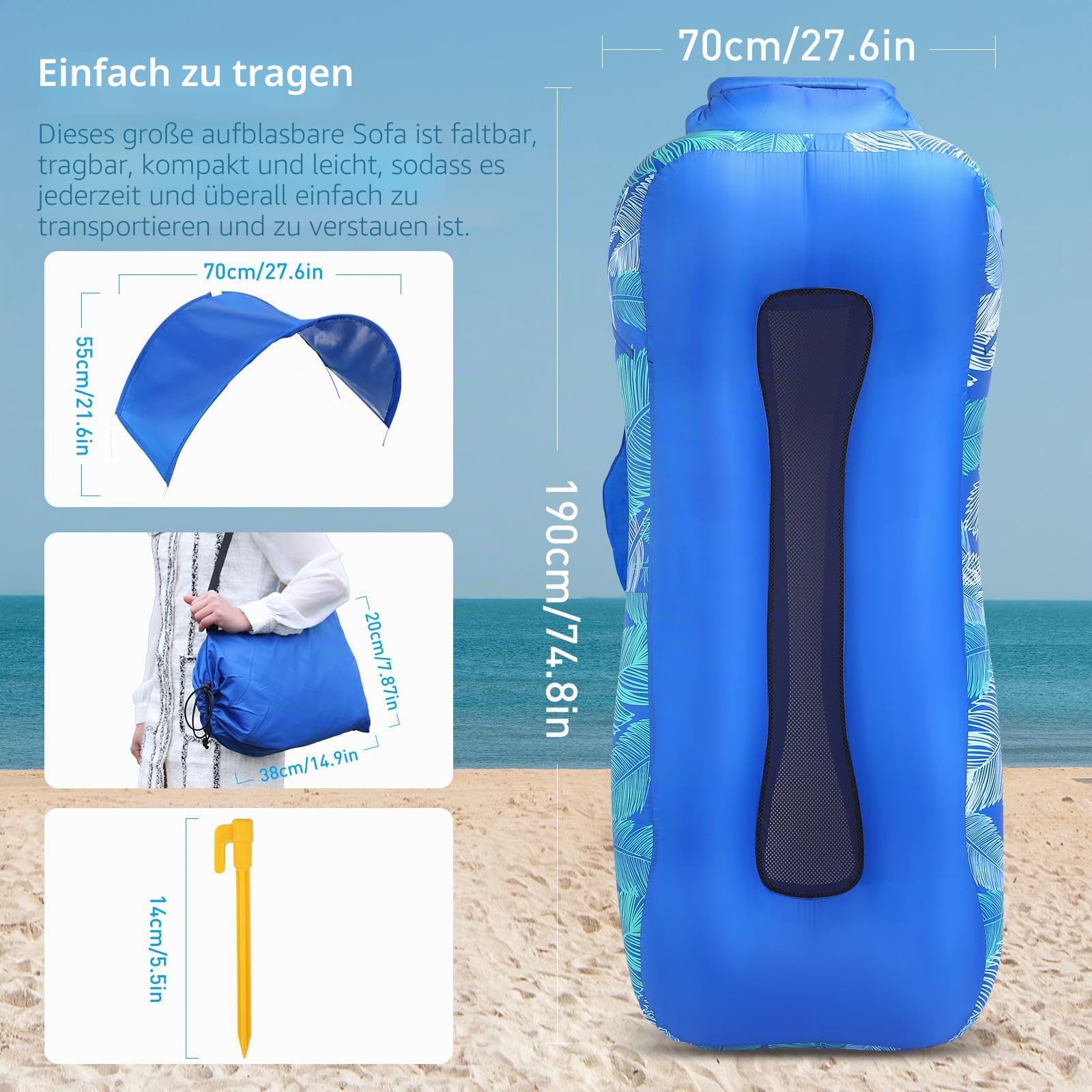 Aufblasbare Liege, einzigartiges Schatten-Design, aufblasbares Strandbett mit Kissen, wasserdichtes aufblasbares Sofa, Campingstuhl, Hängematte für Wandern, Hof, Reisen, Strand, Picknick (Blau)