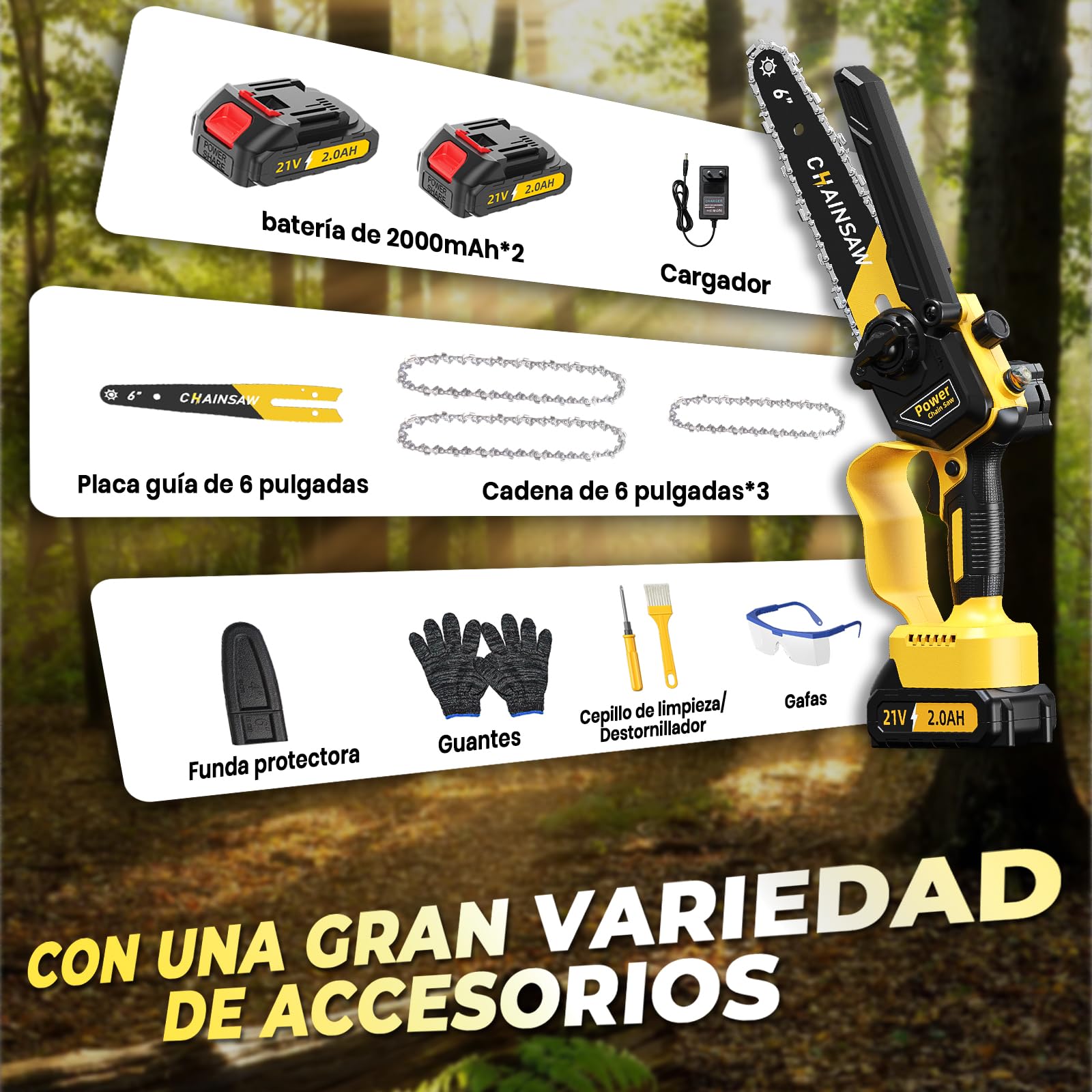 Mini Motosierra Bateria 6 Pulgadas, 1000W Motor Sin Escobillas Motosierra Eléctrica, 4000mAh Sierra Electrica de Mano, Minimotosierras de Batería para Jardinería, Compatible con Baterías Makita