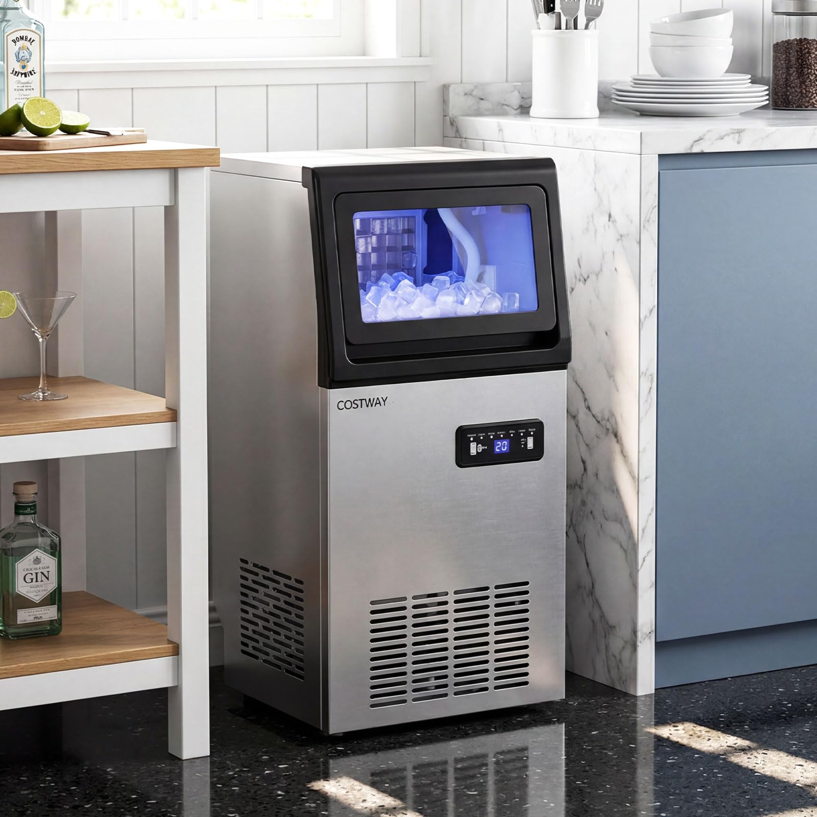 COSTWAY Machine a Glacons Commerciale 50kg en 24h, Maison Bureau Restaurant | Appareil à Glaçons Autoportant Inox à Affichage avec Minuterie, Stockage 11kg, 36 Cubes en 13 Min, Filtre et Autonettoyant