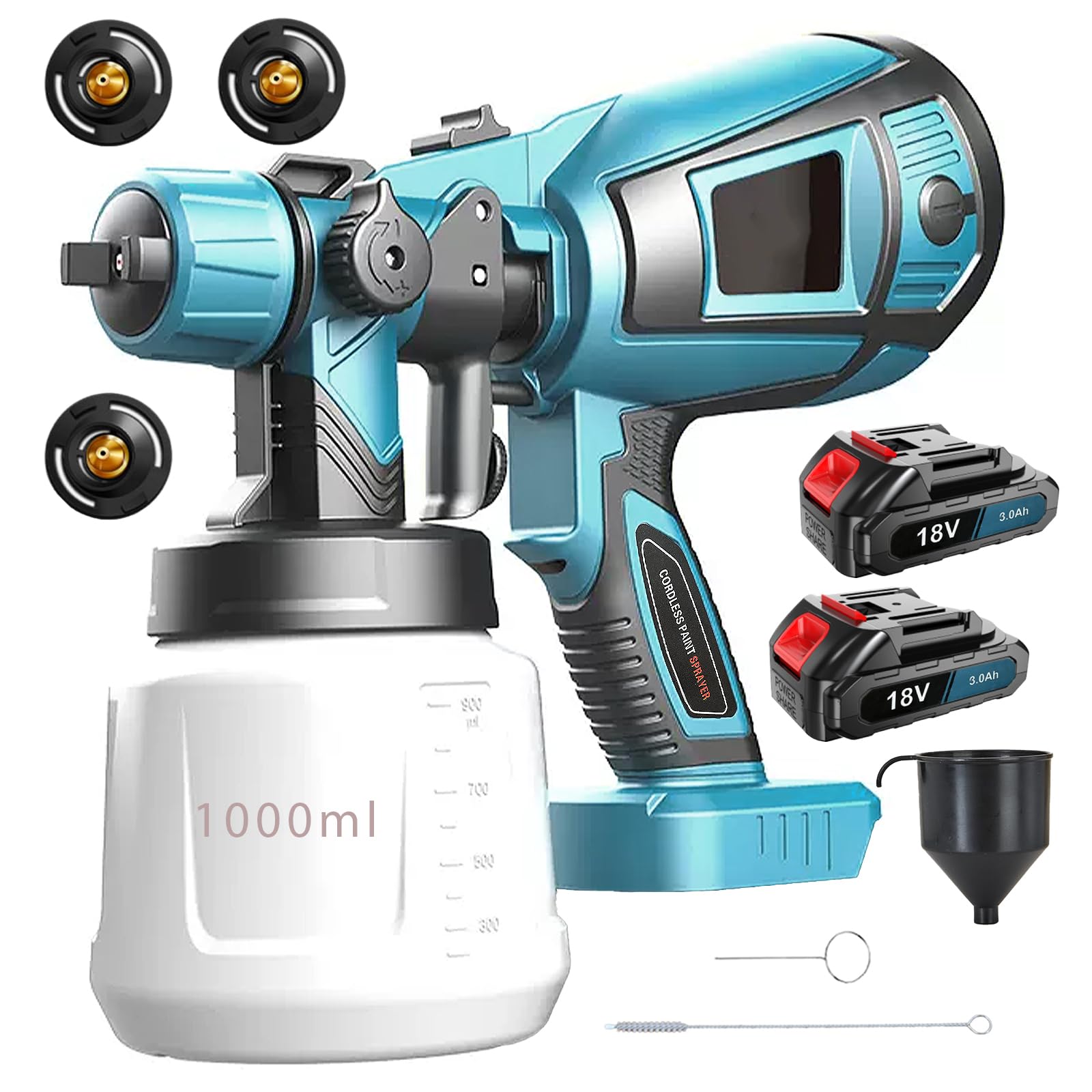 Paint Sprayer Cordless, Compatible with Makita 18V Battery, w/ 3 Nozzles & 3 Painting Modes,1000ml Detachable Container,2 x 3.0AH Battery & charger,Suitable for Walls,Ceilings and Decking