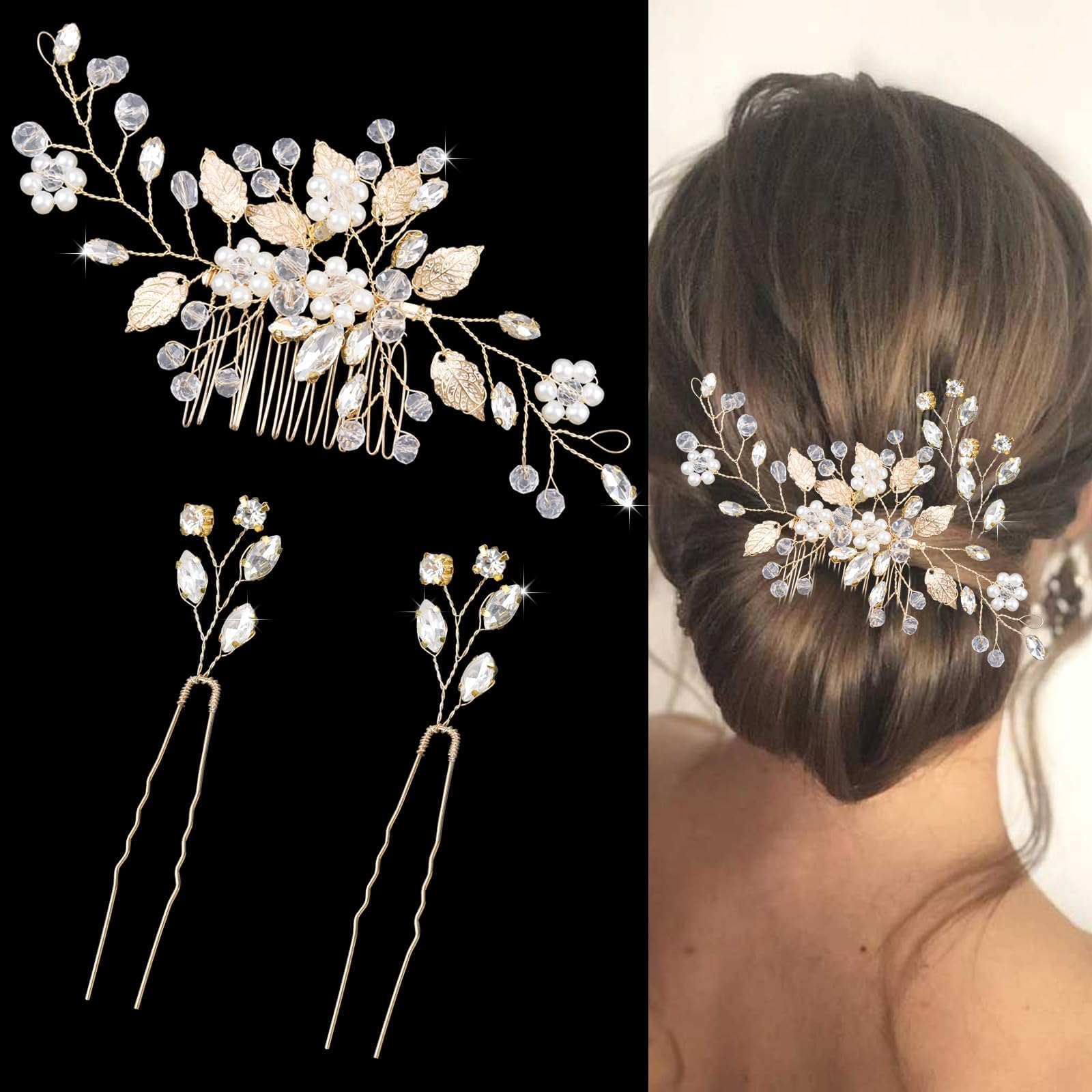 3 Pcs Gold Crystal Wedding Hair Comb Rhinestone Bridal Hair Pins Pearl Crystal Hair Accessories for Bride Bridesmaids Flower Girls