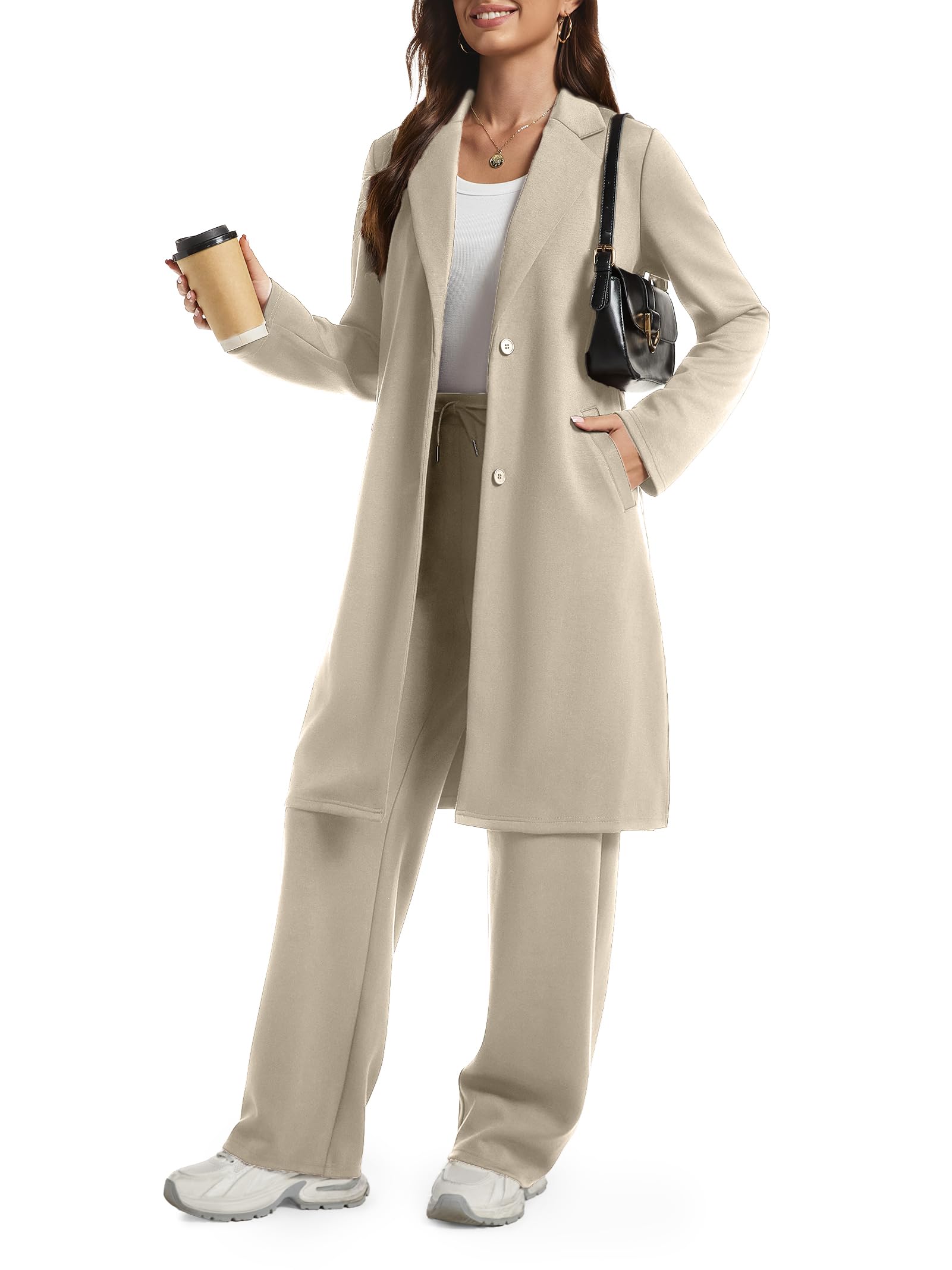 Casly Lamiit Womens 2 Piece Sets Dressy Casual Cardigan Pea Coat Wide Leg Pants Suit Winter Lounge Outfits