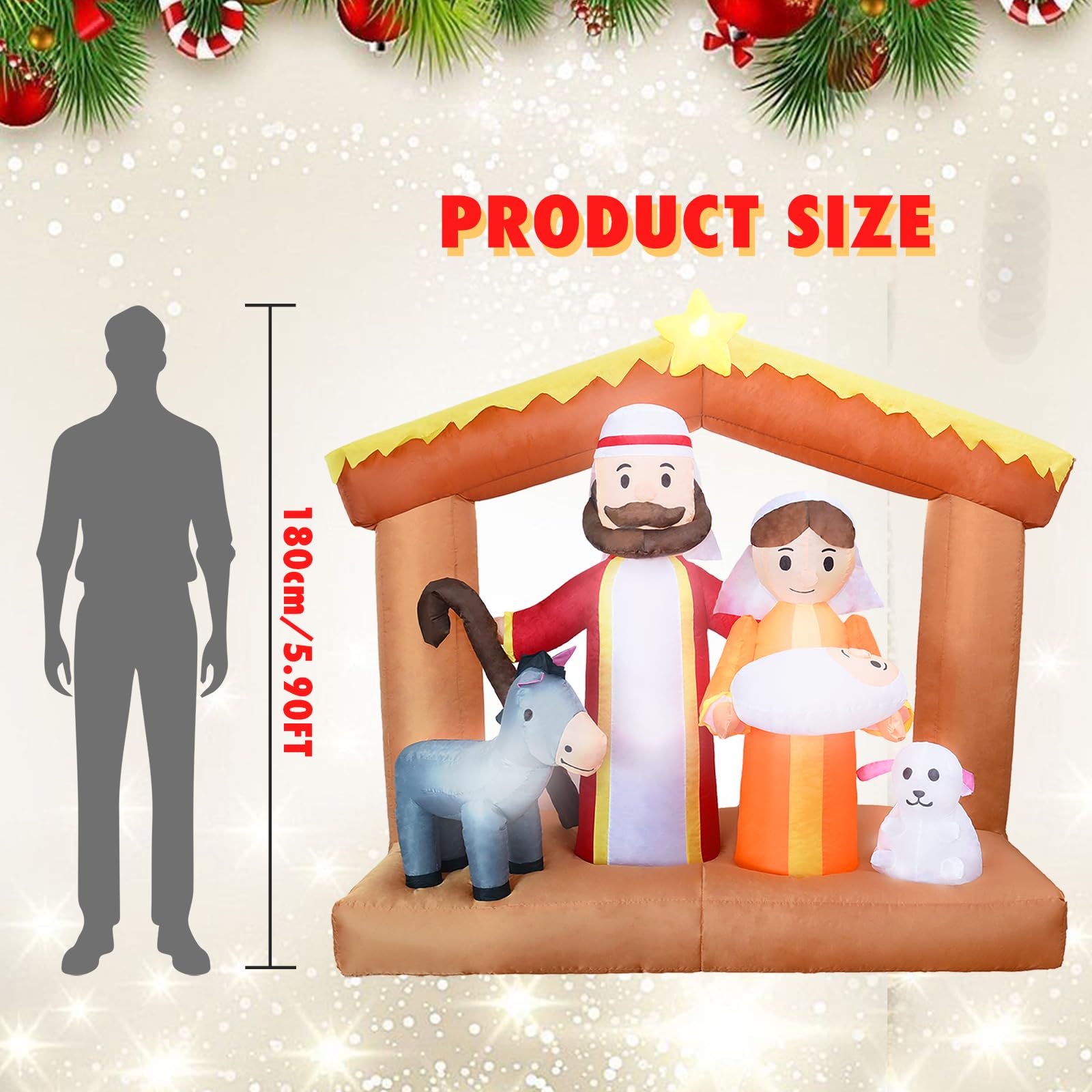Decorazione natalizia da 1,8 m, presepe con luce a LED, decorazione natalizia per giardino, prato, patio, Natale, vacanze, interni, decorazione per feste