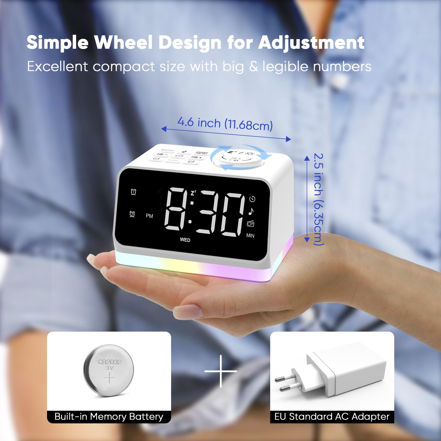 AFEXOA Radio Reveil Digital avec Double Alarme,Réveil Numérique Chiffre Coloré avec Radio FM et 2 Ports de Chargement USB,Réveil Matin avec 8 Lumières, Snooze,Aide au Sommeil,Minuterie (Blanc)