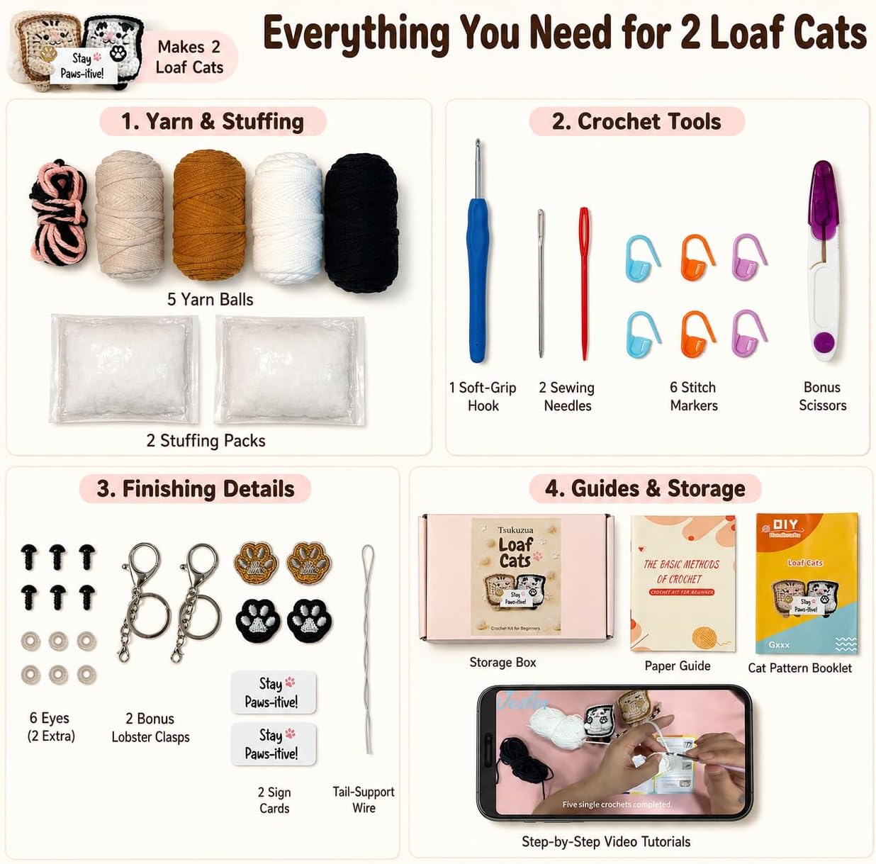 Tsukuzua Crochet Kit for Beginners, 2 Pack Loaf Cat Crochet Animal Kit for Adults, Step-by-Step Video Tutorials, with Paper Guide and 40% Extra Yarn, Cute Bag Charm for Cat Lover Gifts