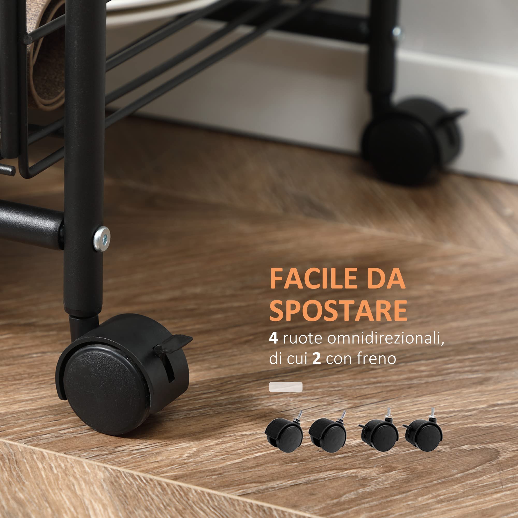 HOMCOM Carrello da Cucina Portavivande Stile Industriale con 4 Ruote, 2 Cestini e 4 Ganci, 60x38x85.5cm, Marrone Nero