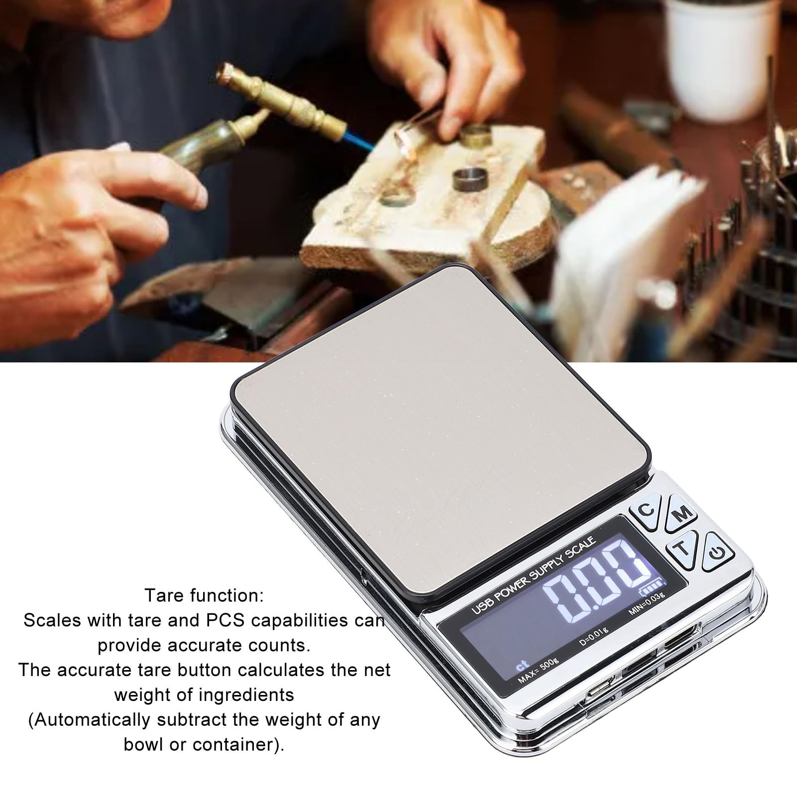 Báscula Digital Alta Precisión 500g x 0.01g Escala Miligramos para Joyería Cocina Portátil con Función Tare PCS Acero Inoxidable