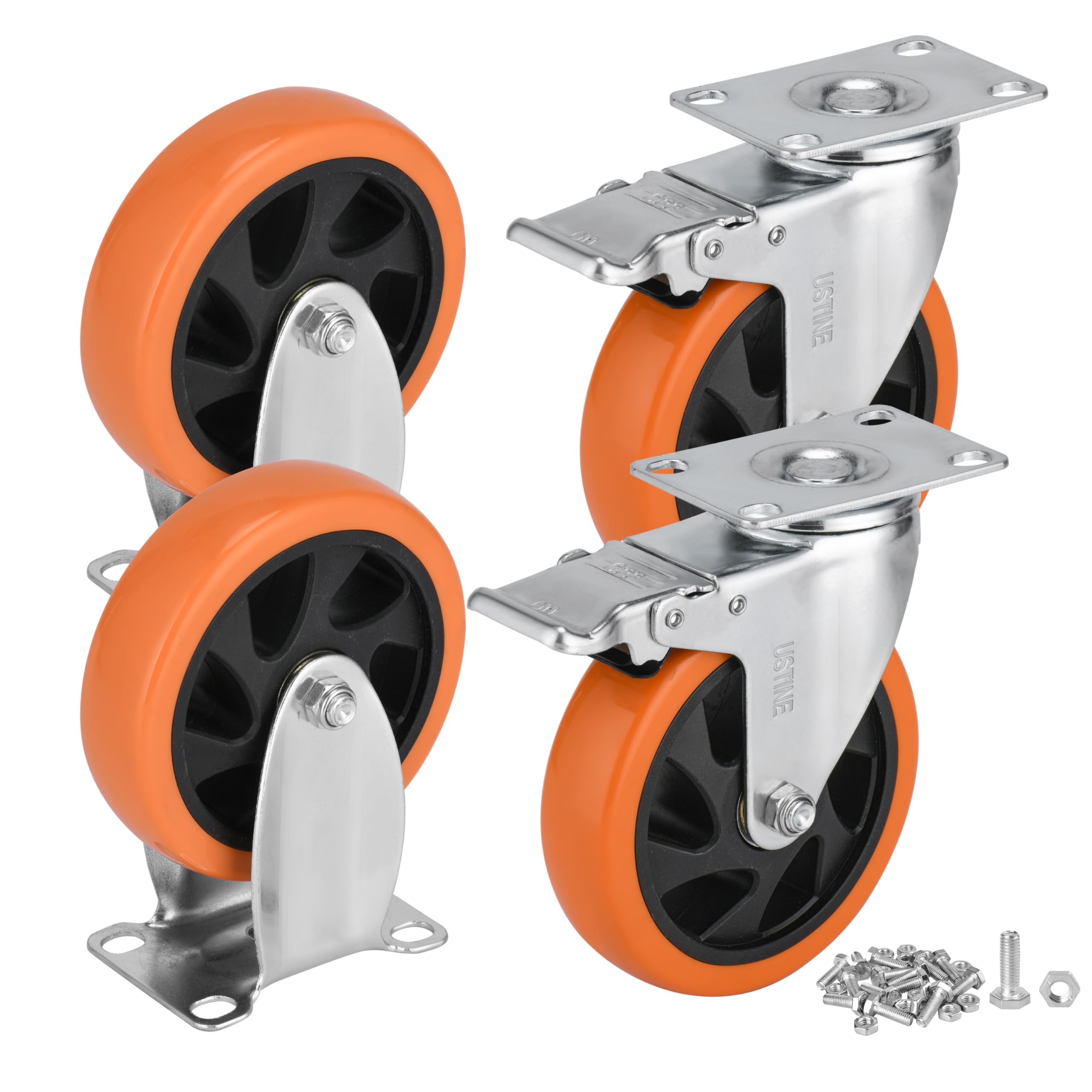 5 Inch Caster Wheels Set of 4 (2 Rigid, 2 Swivel with Brakes), 360 Degree Rotatable, Lockable Plate Caster Wheels with Brakes for Workbench, Cart,