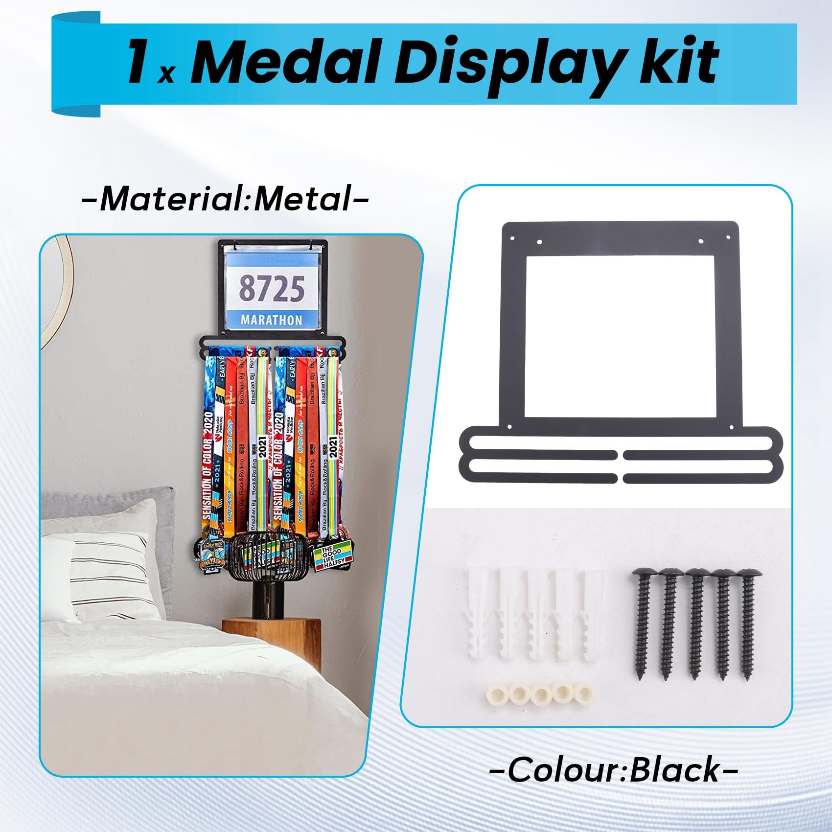 Exhibición de Medallas Colgador de Medallas Montado en la Pared Babero para Correr y Soporte para Medallas Estante para Medallas Colgante Soportes para Medallas de Forma Cuadrada