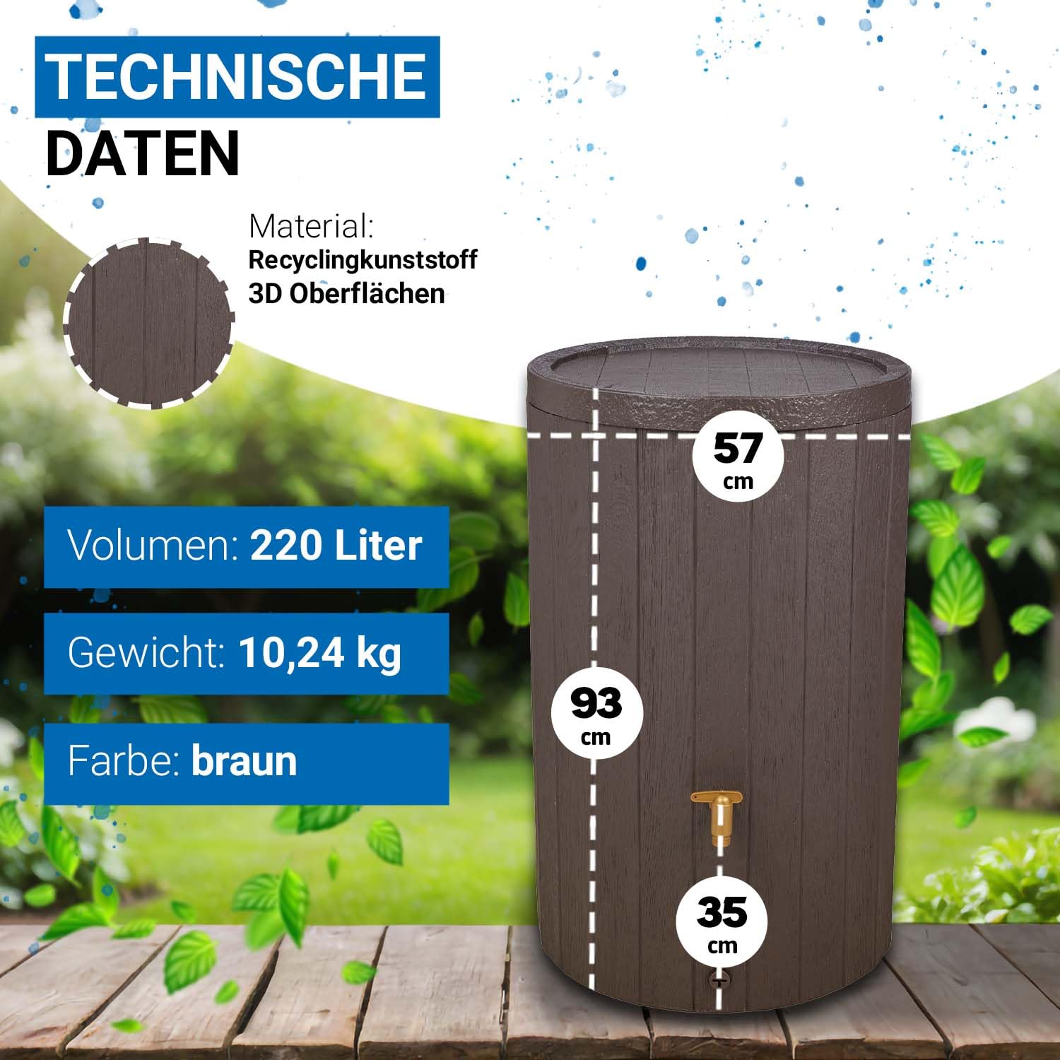 4rain Madera Regentonne Komplett-Set 220 Liter braun | inkl. Kunststoff-Auslaufhahn und Fallrohranschluss in Holzoptik mit sicherem Deckel für nachhaltige Gartenbewässerung daheim