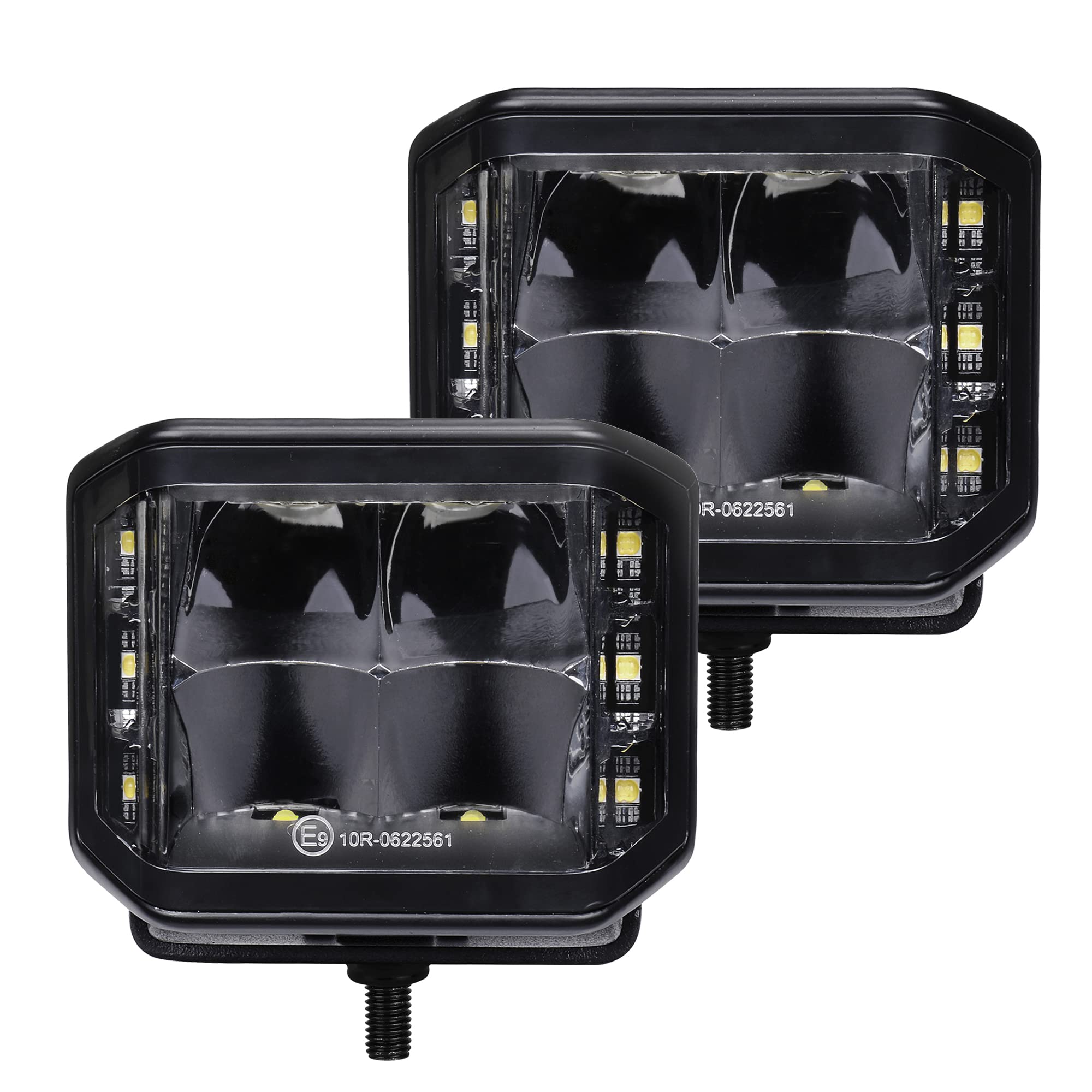 Go Rhino Xplor Lighting: Blackout Series 4x3 LED Cube Sideline Spot Light Kit (Pair) | Surface Mount (Threaded Stud Mount) Aluminum, Black | 750700321SCS