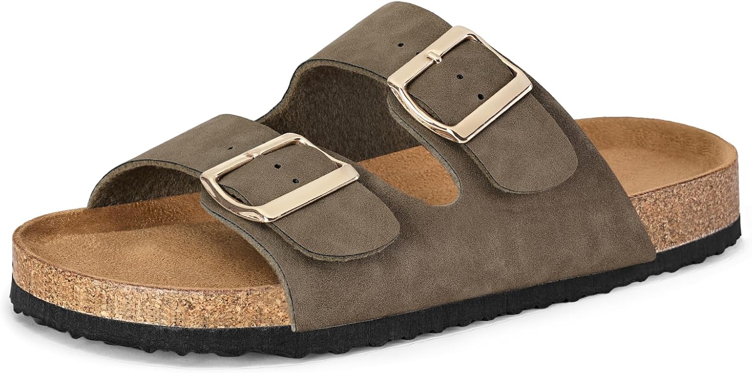 mysoft Womens Flat Sandals Cork Footbed Slides 2 Straps Adjustable Buckle Slip On Summer with +Comfort Shoes