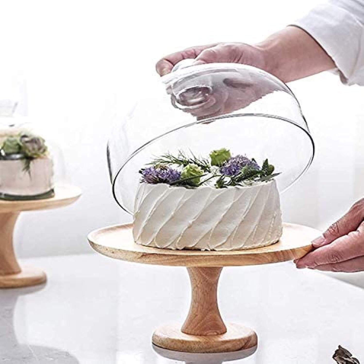 Stojak Na Ciasto Z Kopułą, Stojak Na Tort Weselny Z Pokrywką, Drewniane Stojaki Na Ciasto Ze Szklaną Kopułą, Miski Na Owoce Z Przezroczystą Pokrywką, Stojaki Na Desery Na Tort Urodzinowy, S