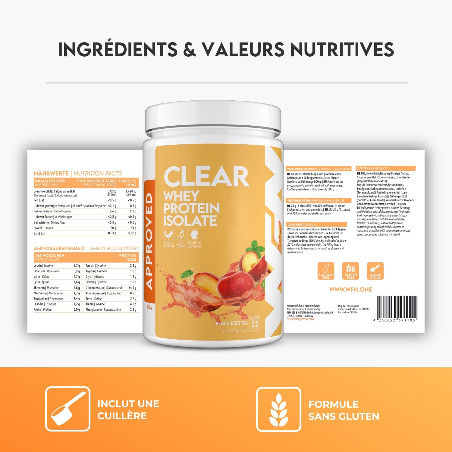 WFN Approved Clear Whey Protein Isolate – Thé glacé à la pêche – 800 g – Shake protéiné fruité – Fabriqué et testé en laboratoire en Allemagne