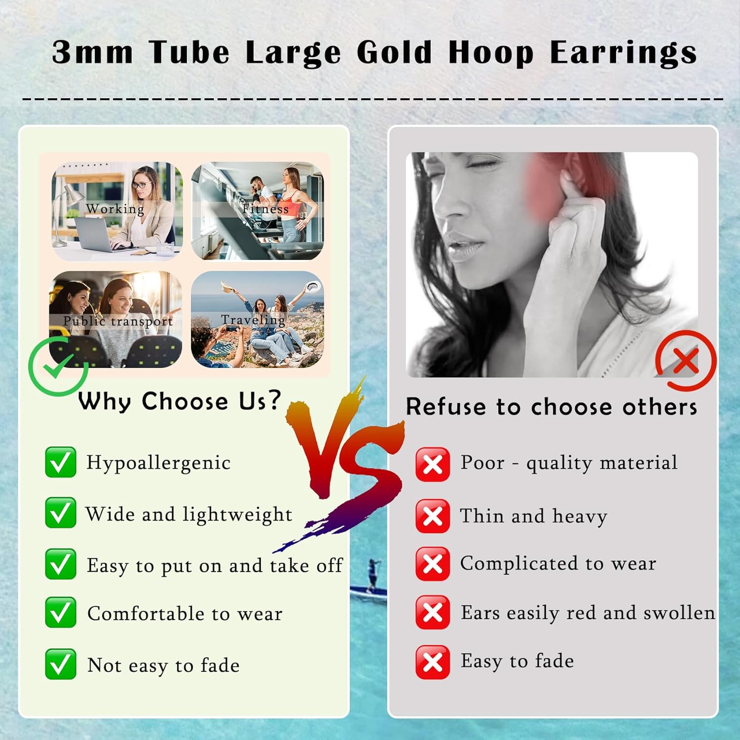 OOOPEL 3mm Gold Hoop Earrings For Women Hollow Tube 14k Gold Plated Hypoallergenic 925 Sterling Silver Post Lightweight Silver Hoop Earrings 30/40/50/60/70mm - Image 5