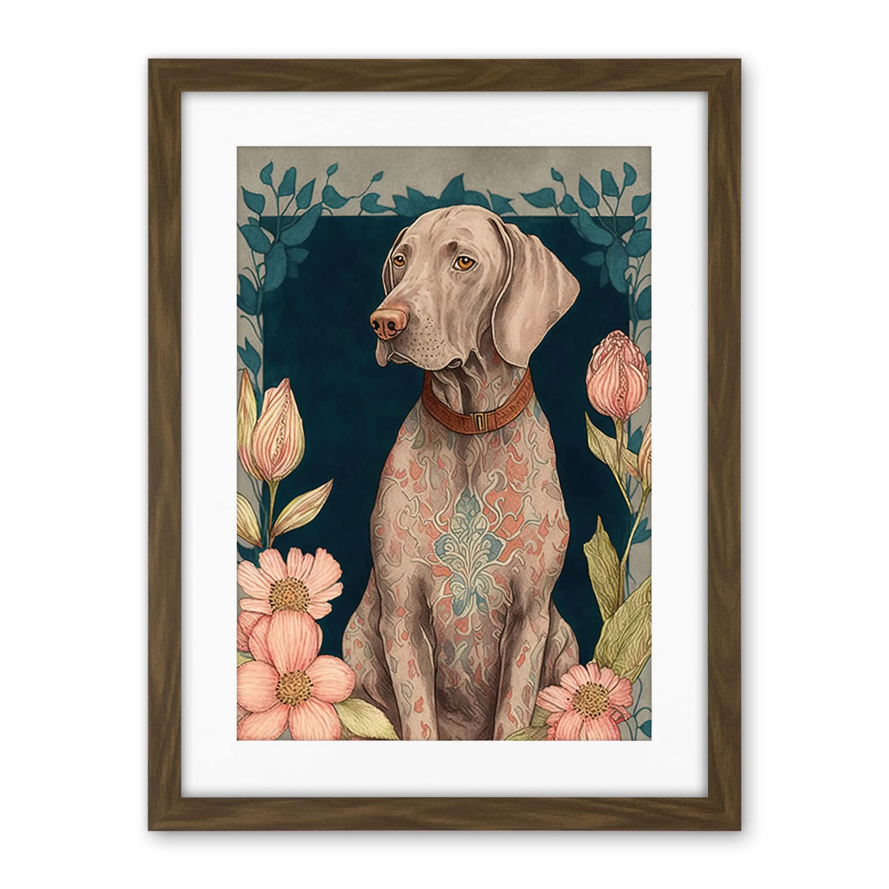 Artery8 Grey Weimaraner Dog with Ornate Pattern Fur Coat and Flowers Modern Art Nouveau Illustration Artwork Framed Wall Art Print 18X24 Inch