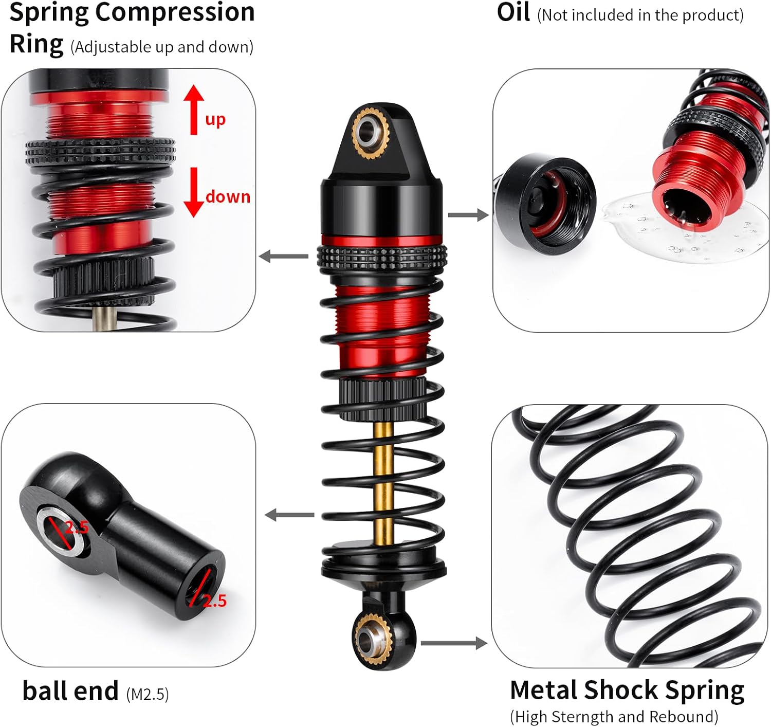 Aluminum Front Rear Shocks Absorber RC Damper for Arrma 1/18 Granite Typhon Mojave Grom RC Crawler Upgrade (Black&Red)