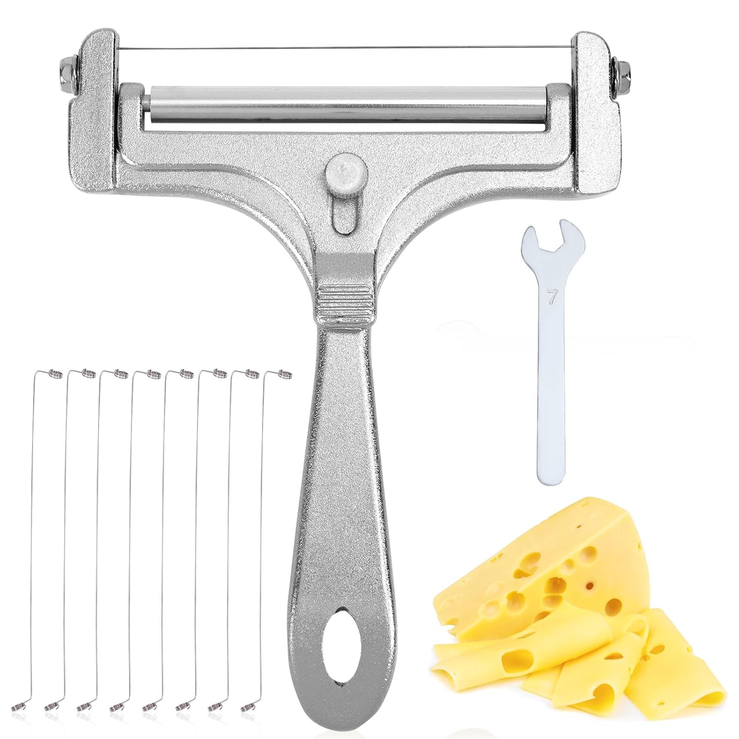 Stainless Steel Wire Cheese Slicer Handheld Cheese Cutter with 8 Replacement Wires Wrench Food Slicer for Block Butter