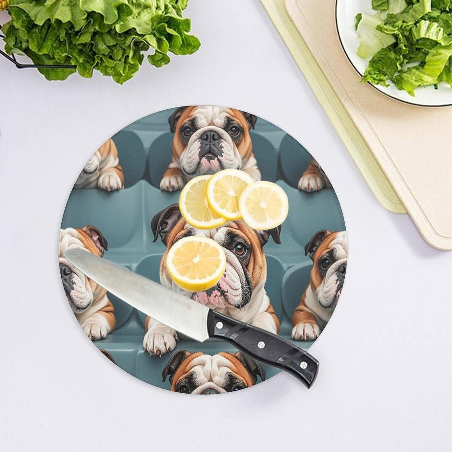 Funny English Bulldog Cutting Board Portable Small Chopping Boards Tempered Glass Kitchen Counter Protector Non-Slip Round Charcuterie Boards Mat for Bar Cheese Board