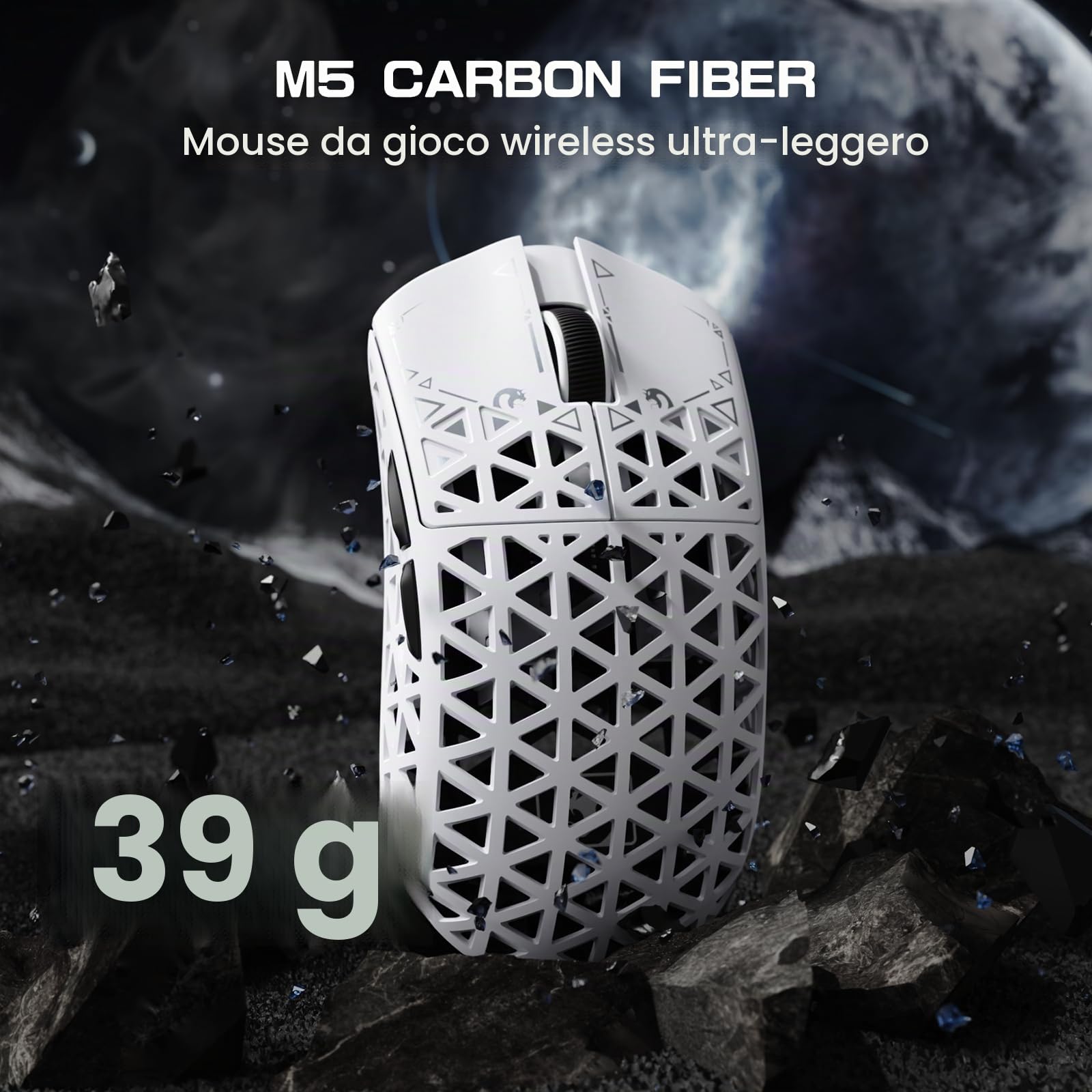 MAMBASNAKE M5 Ultra Carbon Fiber Mouse da Gioco Wireless 8000Hz con Fino a 42000 DPI, 39g Ultraleggero, Sensore PAW3950MAX, Chip Nordic 52840, 2,4GHz Wireless/BT/Cablato, per PC/Xbox/PS/Mac - Bianco A