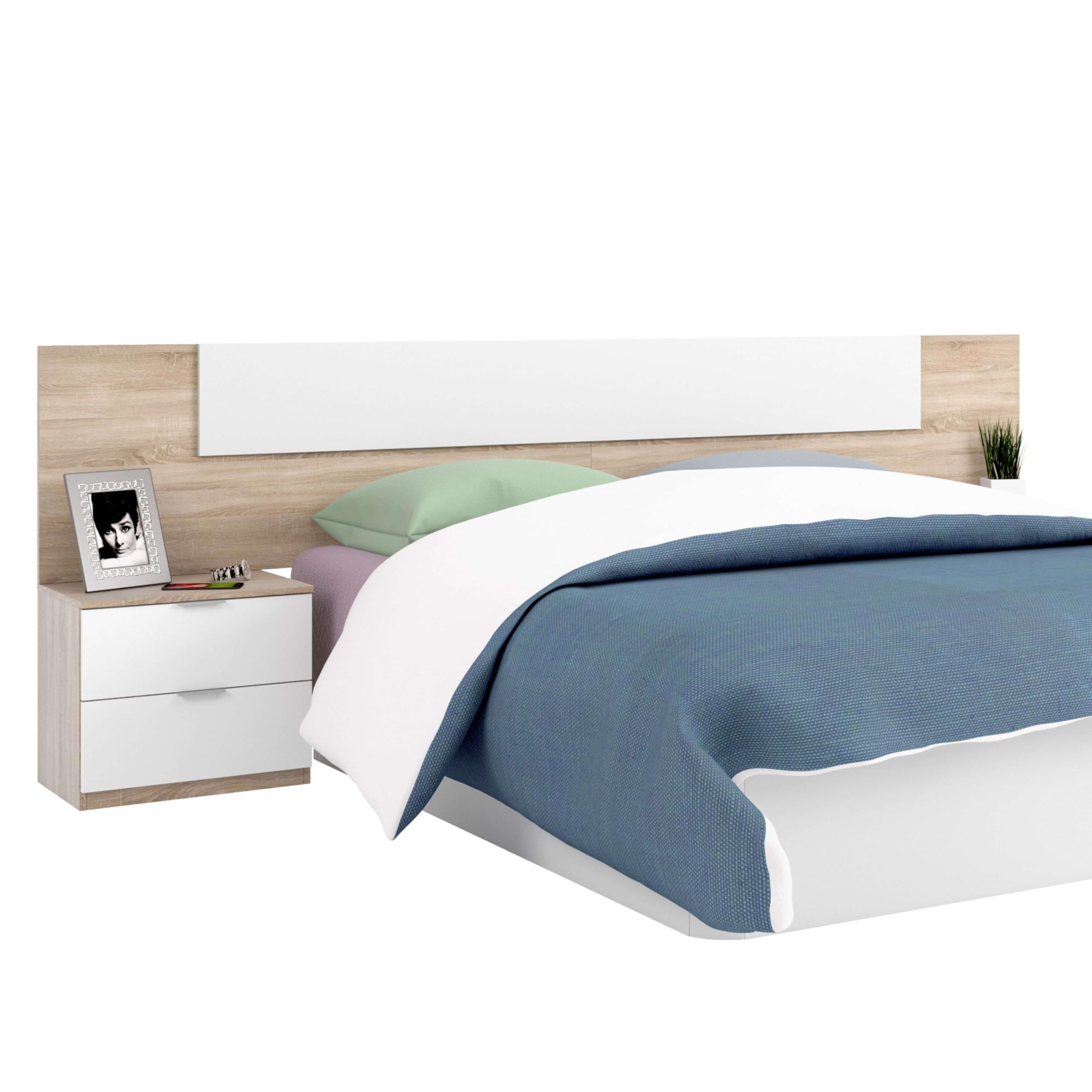 Habitación Matrimonio Completa Color Roble Y Blanco Estilo Nórdico (Cama + Cabecero + 2 Mesitas + Cómoda)
