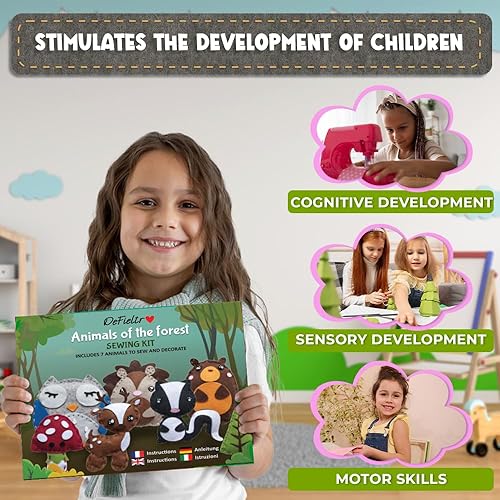 Miniatura 6 de DeFieltro Kit de costura para niños, animales del bosque, creativo y educativo, hermoso kit completo de manualidades de costura con fieltro de fácil