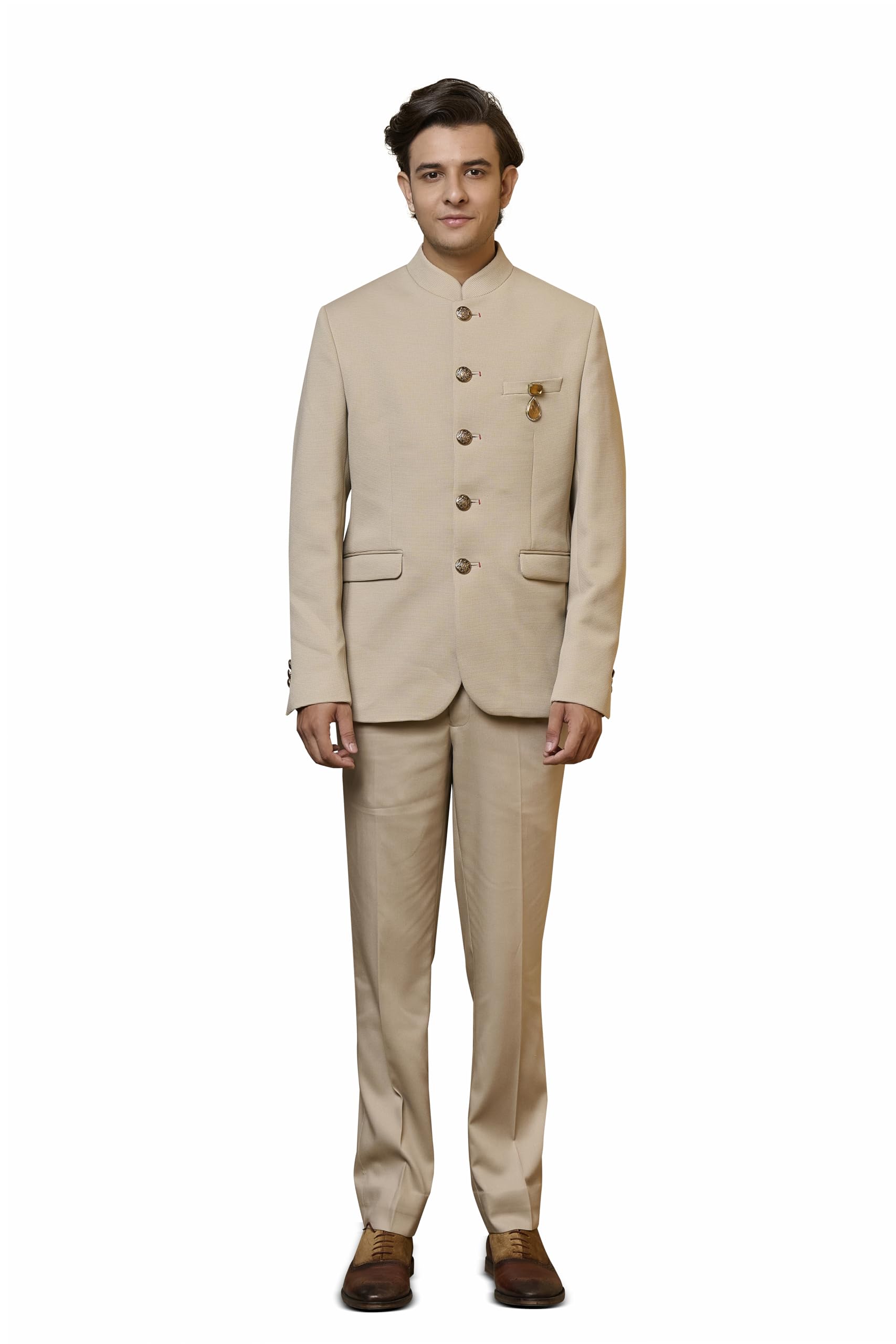 Beige Knit Bandhgala For Men-image-9