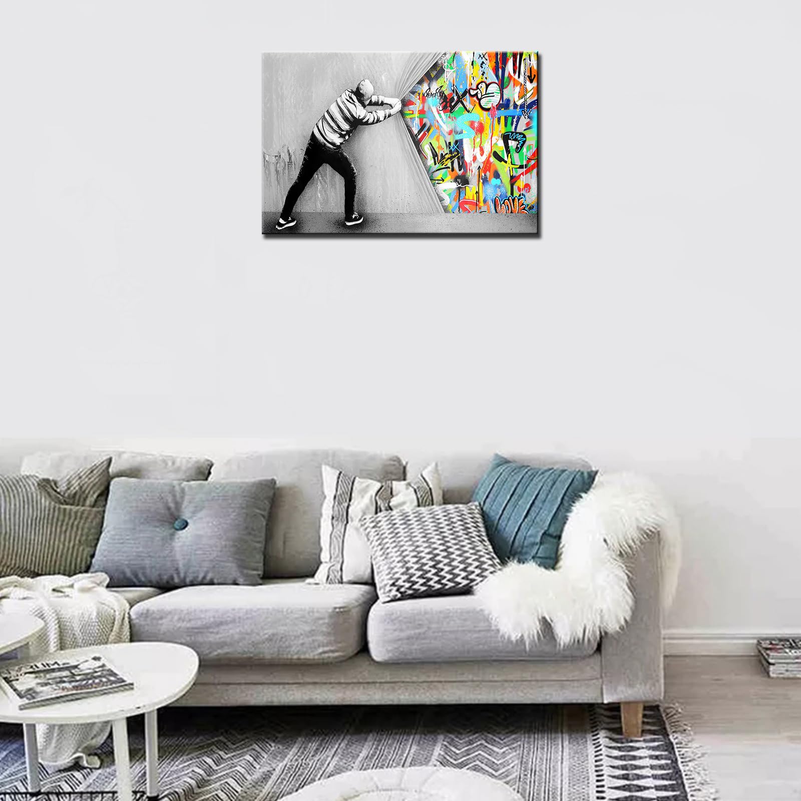 Graffiti Street Wall Art Banksy Art Paintings Doodle Pictures Behind the Curtain Artwork for Living Room 1 Panels Print Canvas House Decor Framed Gallery-Wrapped Ready to Hang(24''W x 16''H) - Image 4