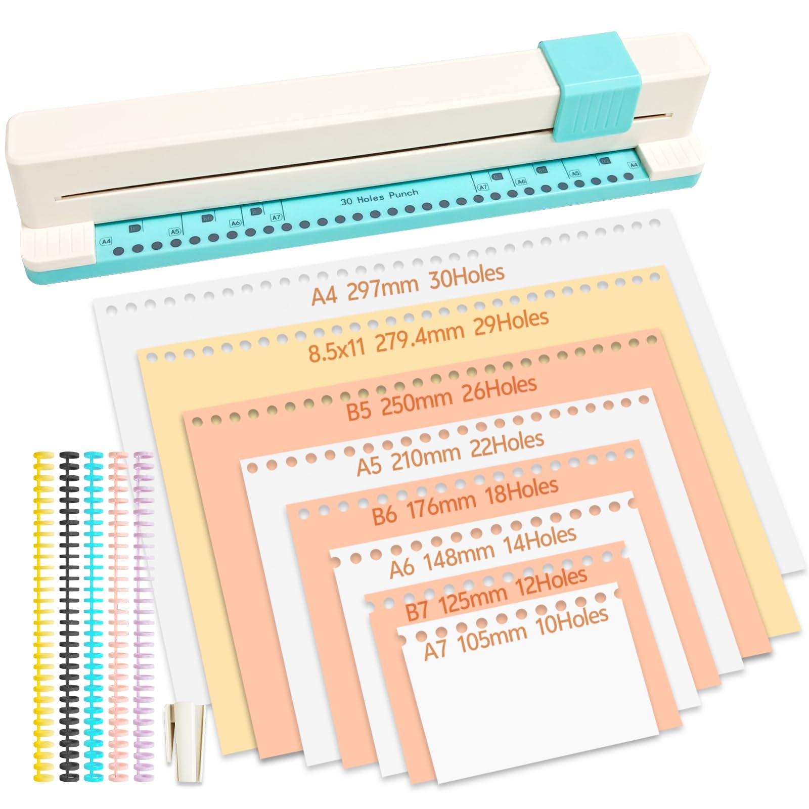 30 Loch Locher mit 30-Loch-Binderinge (5 Stück) and Ringöffner, kompatibel mit den Größen A4, A5, A6, A7 - für Notizbücher und Scrapbooking