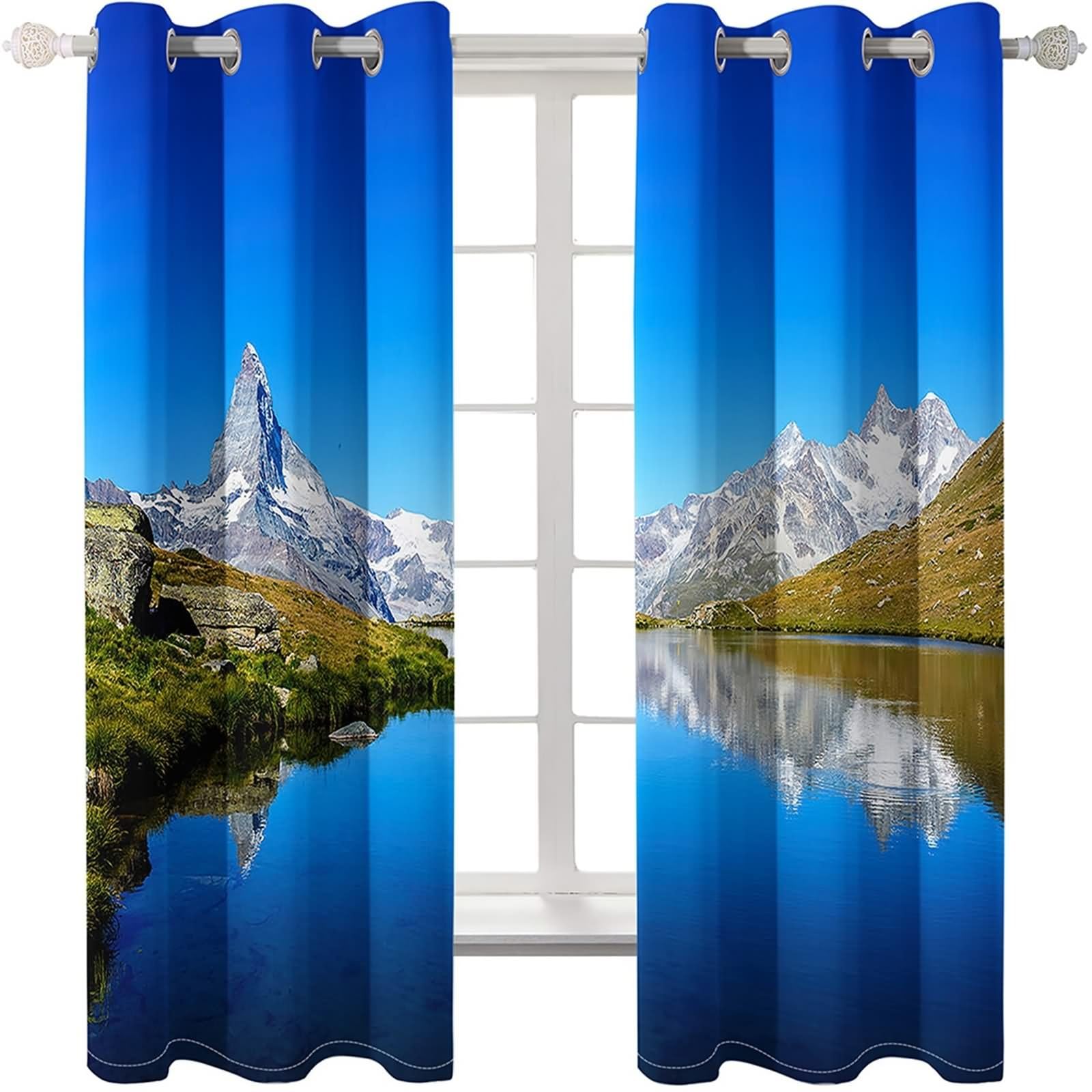 Czeska zasłona okienna, zestaw zasłon do salonu niebieski zielony naturalny krajobraz górska rzeka poliester zestaw 2 szt. 192 x 183 cm