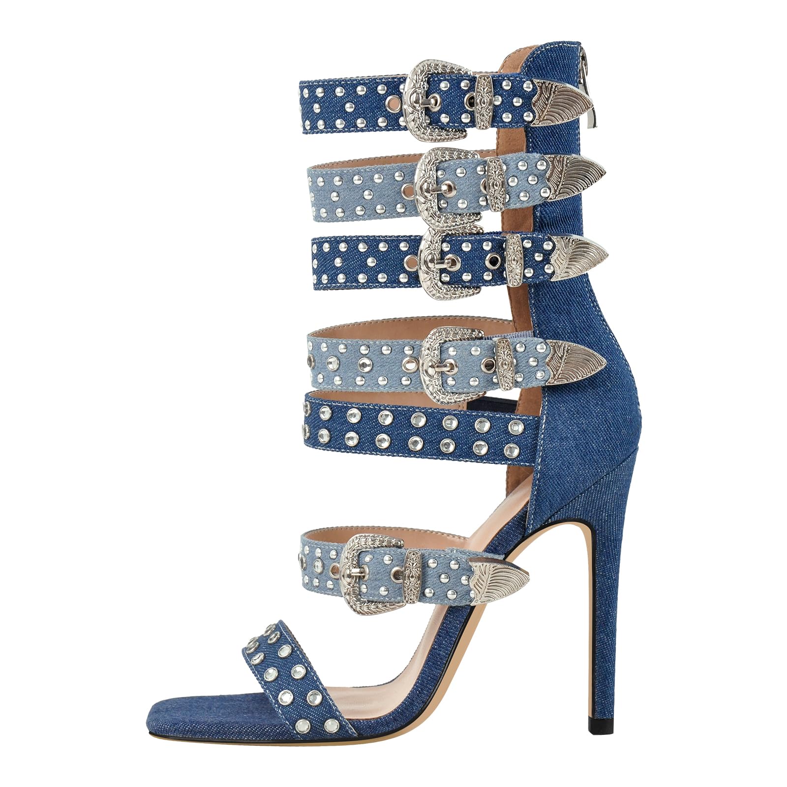 onlymaker Square Toe Rhinestone Beaded Zip up Stiletto Heeled Sandals for Women Multi Rivet Studded Buckle Bands Summer Sandals