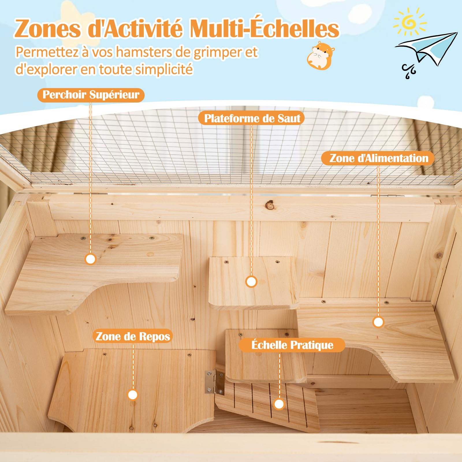 GYMAX Cage pour Hamsters en Bois, Zone d'alimentation, Activités, Repos Tout en Un, Rampe et Plates-Formes de Saut, Couvercle Respirant, Étagère de Rangement, pour Hérissons, Lézards et Lapins