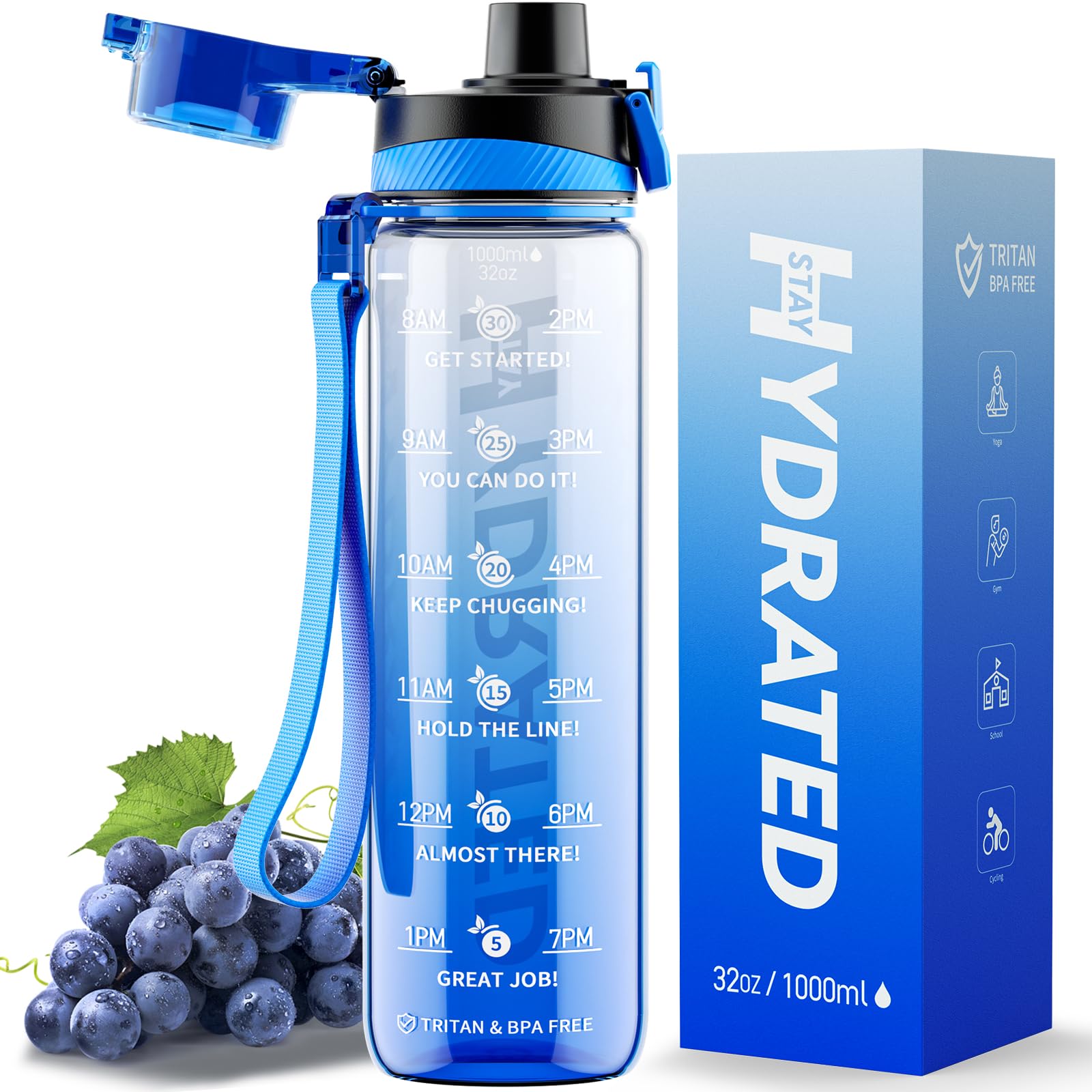 all-new 32 oz water bottle, motivational water bottles with time marker-tritan & bpa free, sports water bottle no straw with time to drink & strap, wide mouth, leakproof for gym fitness