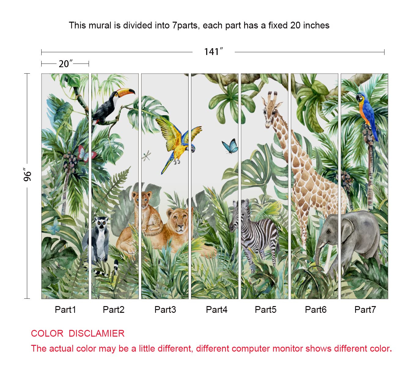 MFWFM Carta da parati safari per bambini con animali della giungla, decorazione da parete per cameretta dei bambini (non staccabile