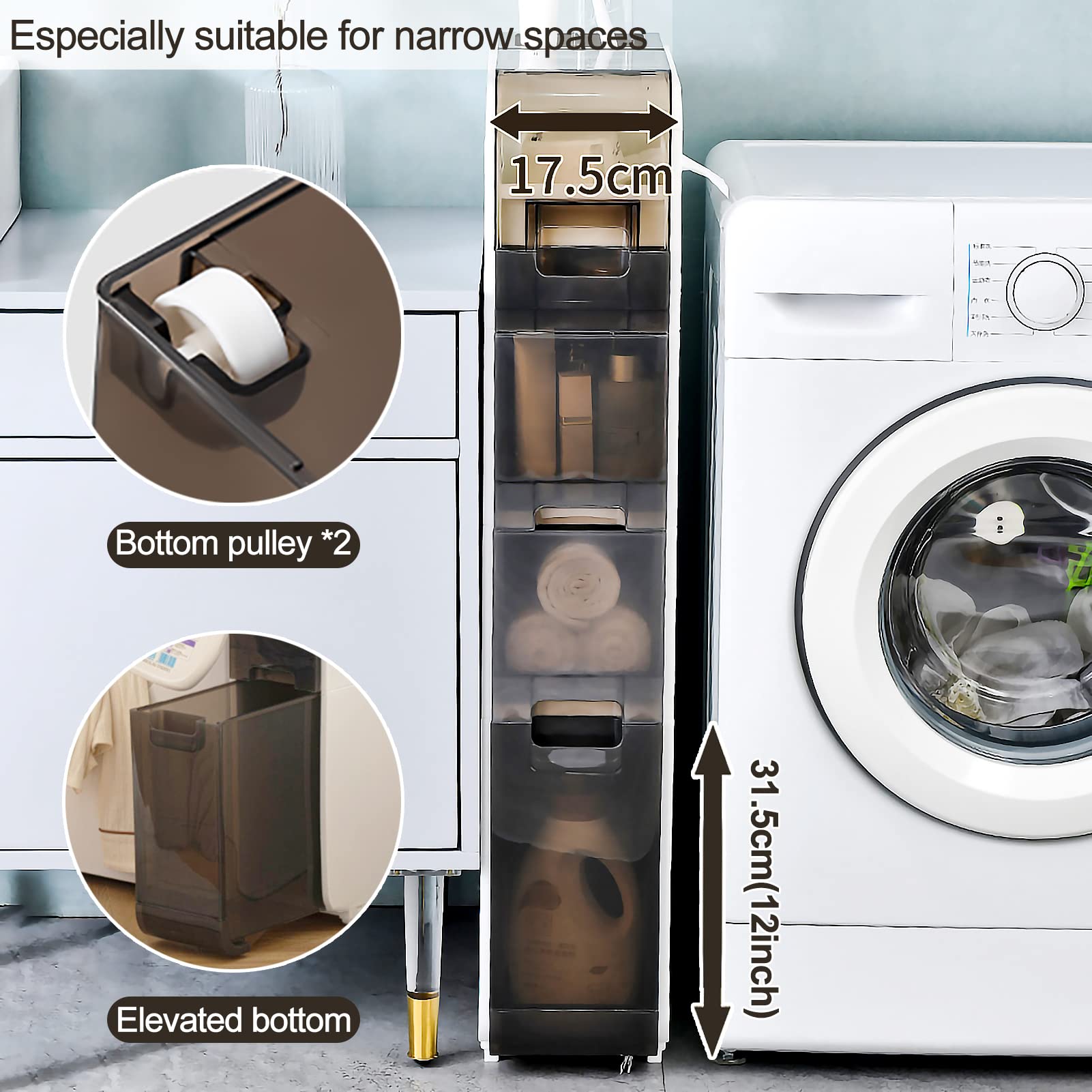 Torre dei cassetti di stoccaggio impilabili a 4 Livelli Slim 4, organizzatore di bagni Stretti con cassetti e Ruote Trasparenti, Armadio di stoccaggio Versatile per Articoli da Bagno, Prodotti di Car