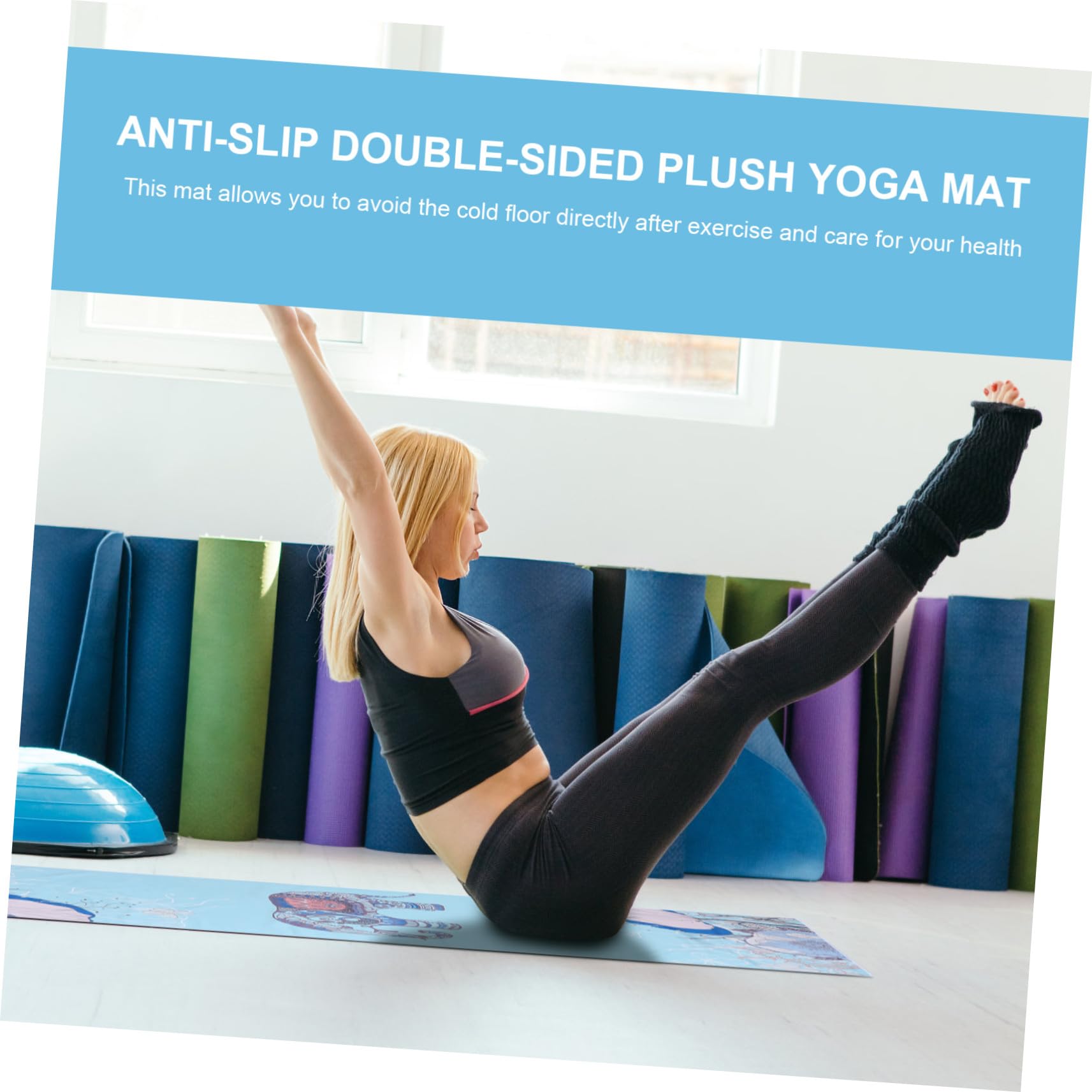Tappeto Yoga Antiscivolo Doppia Faccia in Peluche Stampato Blu