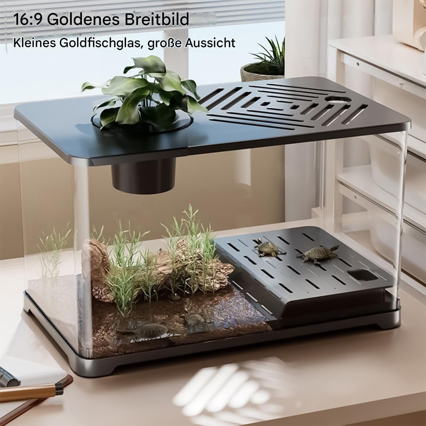 Acuario de de aqua, tanque de peces, accesorios de peces para adornos de tanques, contenedor moderno con tortuga, espacio de descanso, decoración del hogar para betta, plantas, hogar y oficina