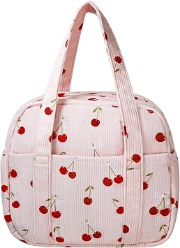 Yarnic Corduroy Lunch Bag Women Insulated, Large Lunch Box for Work with Bottle Pockets, Stylish Reusable Cooler Tote Aestheticfor Adults Teachers Picnic Cherry Bow