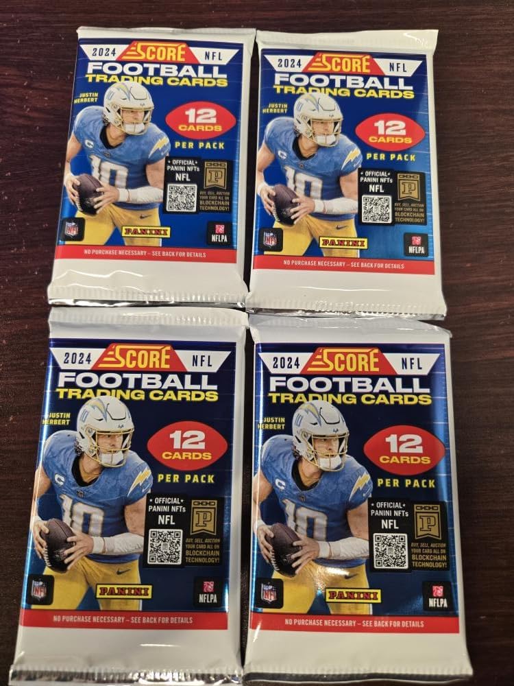2024 Panini Score NFL Football Retail 4 Sealed Pack Lot of 12 cards each Pack. 48 CARDS IN ALL Look for exclusive retail Purple and Numbered to 115 Spoke Parallels and possible autographs.