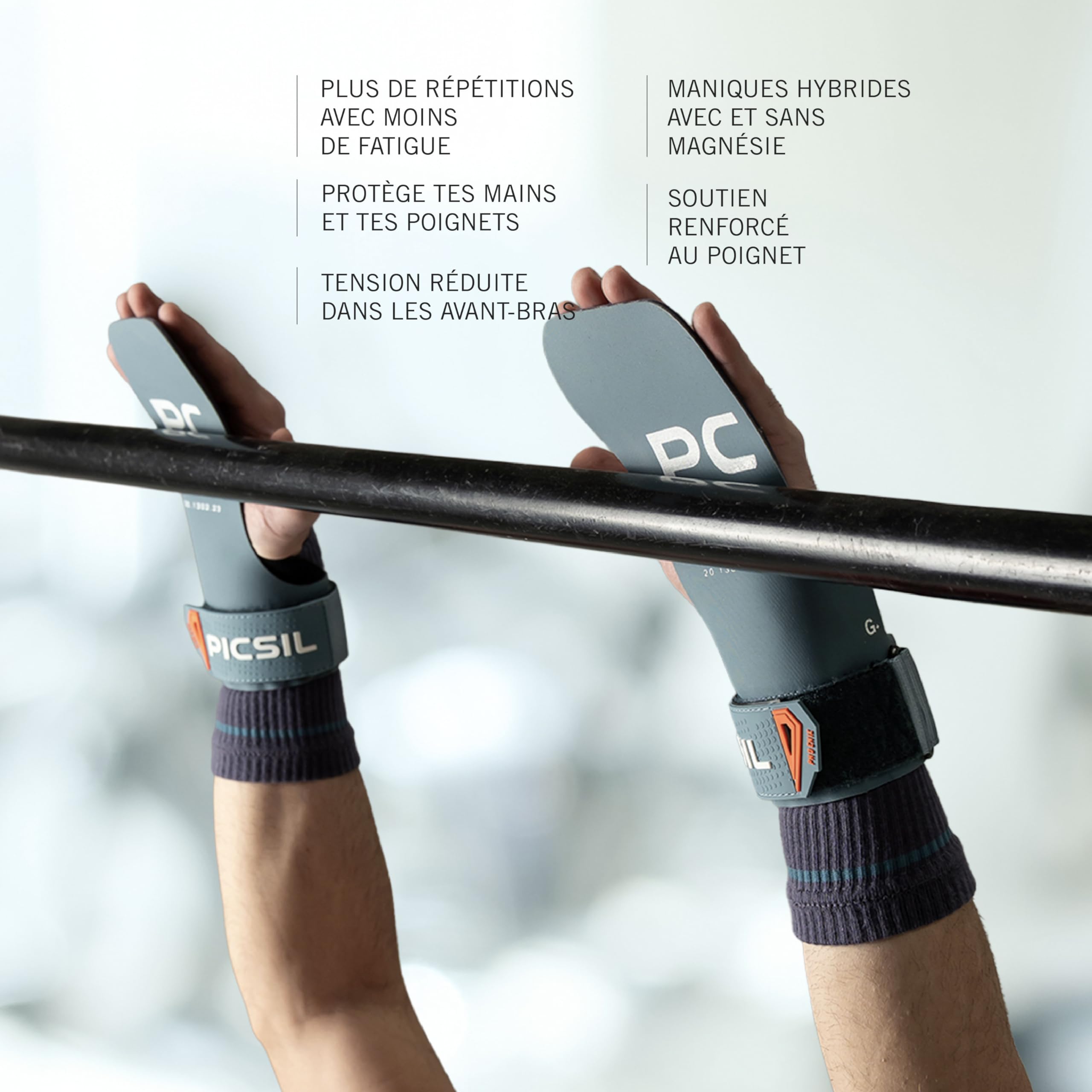 PICSIL - Maniques Phoenix, Grips Professionnel Sains Magnésie, avec Étui et Protège-Poignets Inclus, pour Cross Training, Calisthenics, Musculation, Fitness